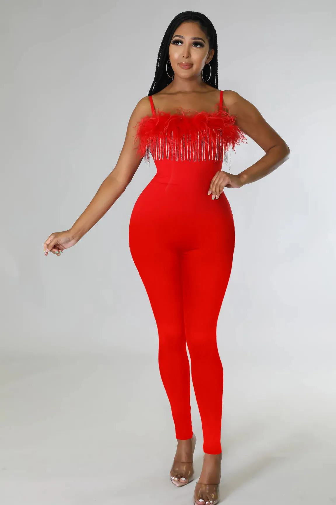 MALYBGG Rhinestone Chain Feather Jumpsuit for Women 0258LY