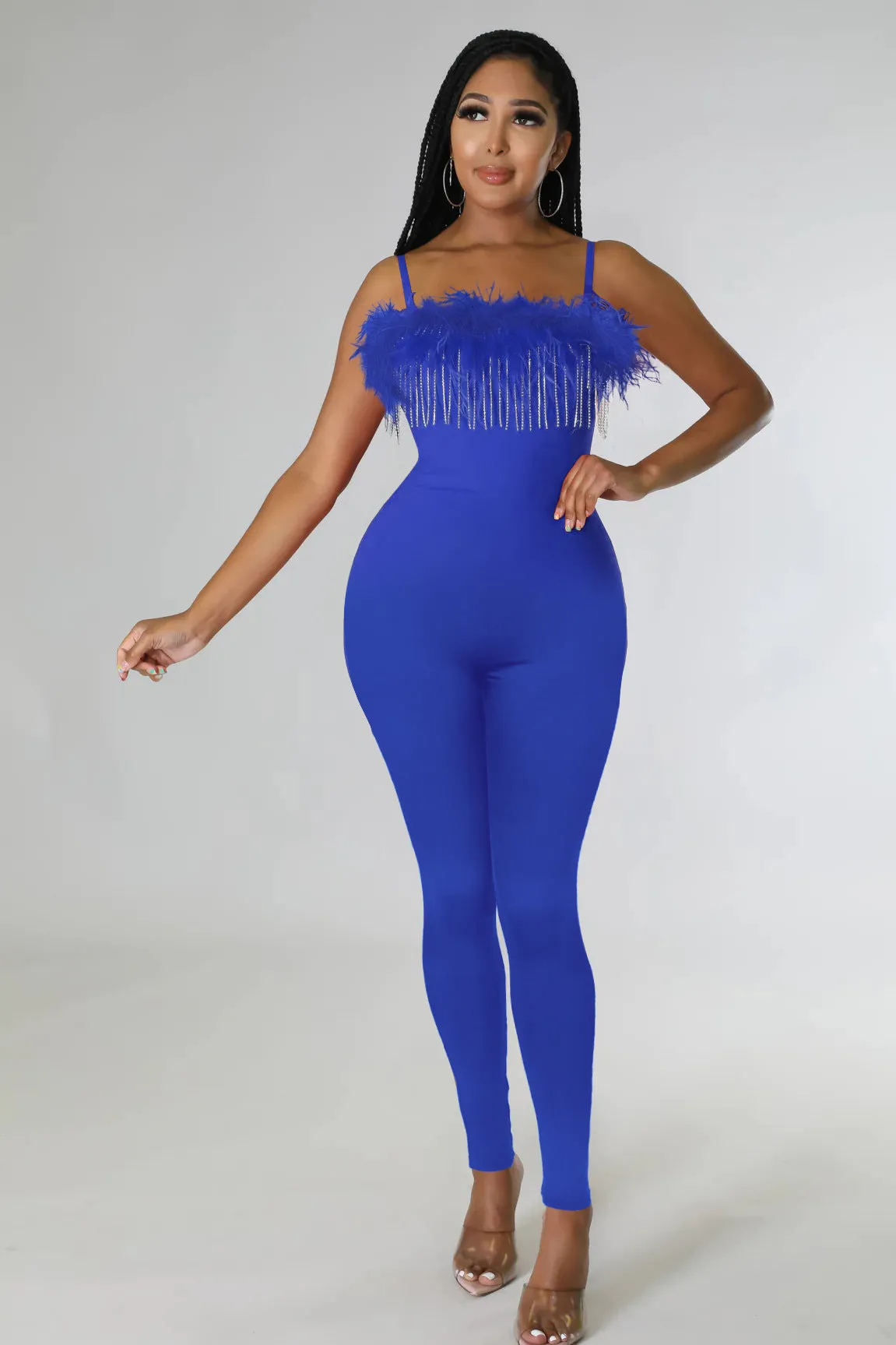 MALYBGG Rhinestone Chain Feather Jumpsuit for Women 0258LY