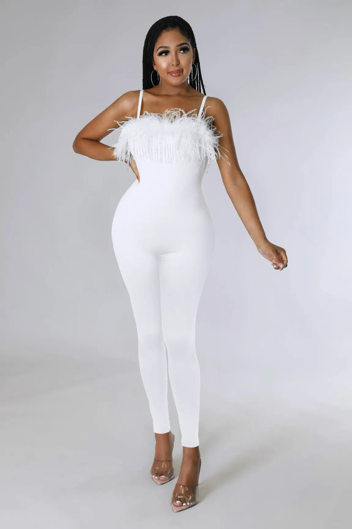 MALYBGG Rhinestone Chain Feather Jumpsuit for Women 0258LY