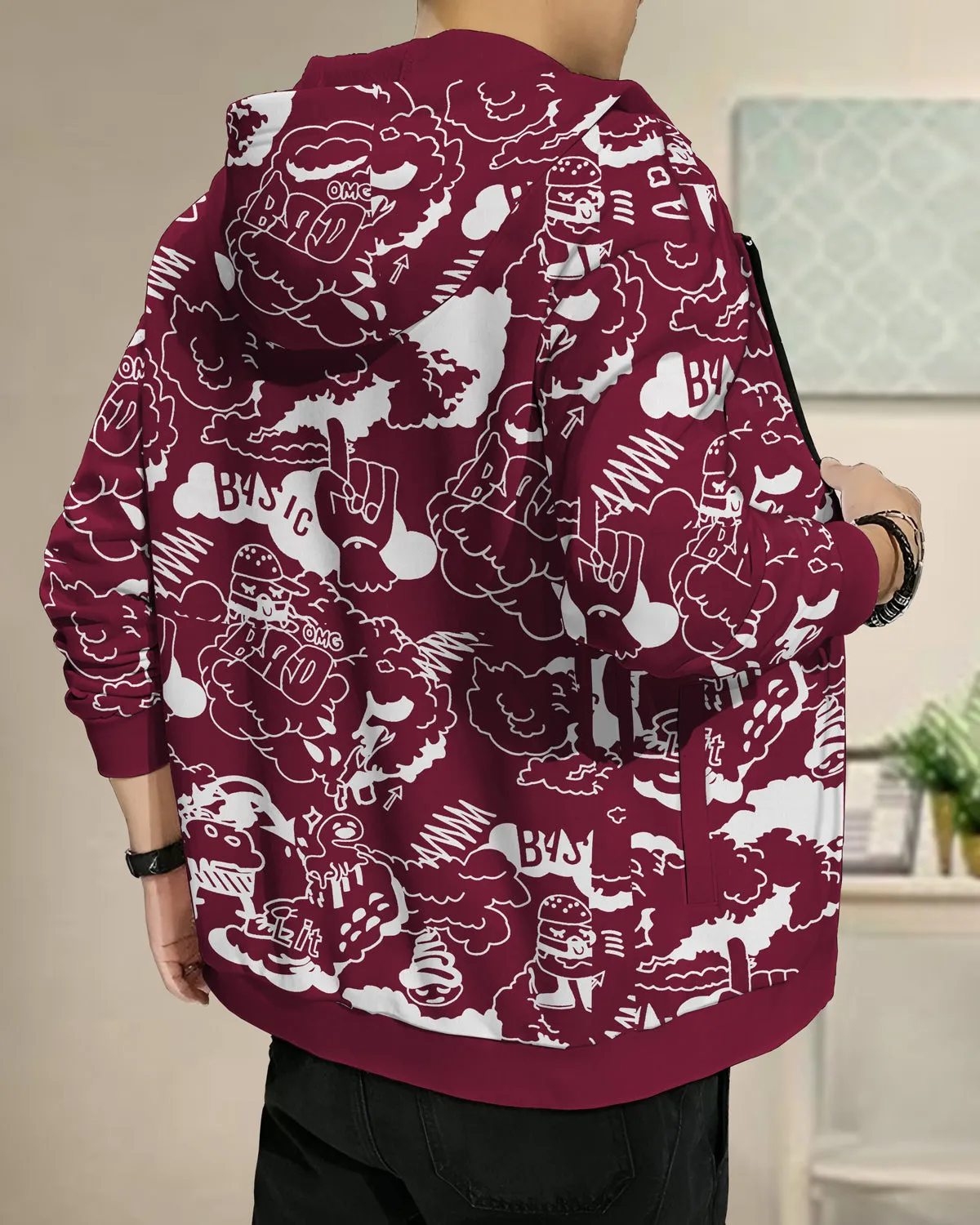 men comic Printed Maroon Jacket