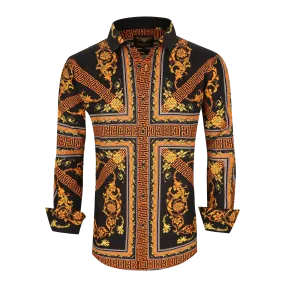 Men's PREMIERE Black Gold Cross Floral Tribal Long Sleeve Button Down Dress Shirt
