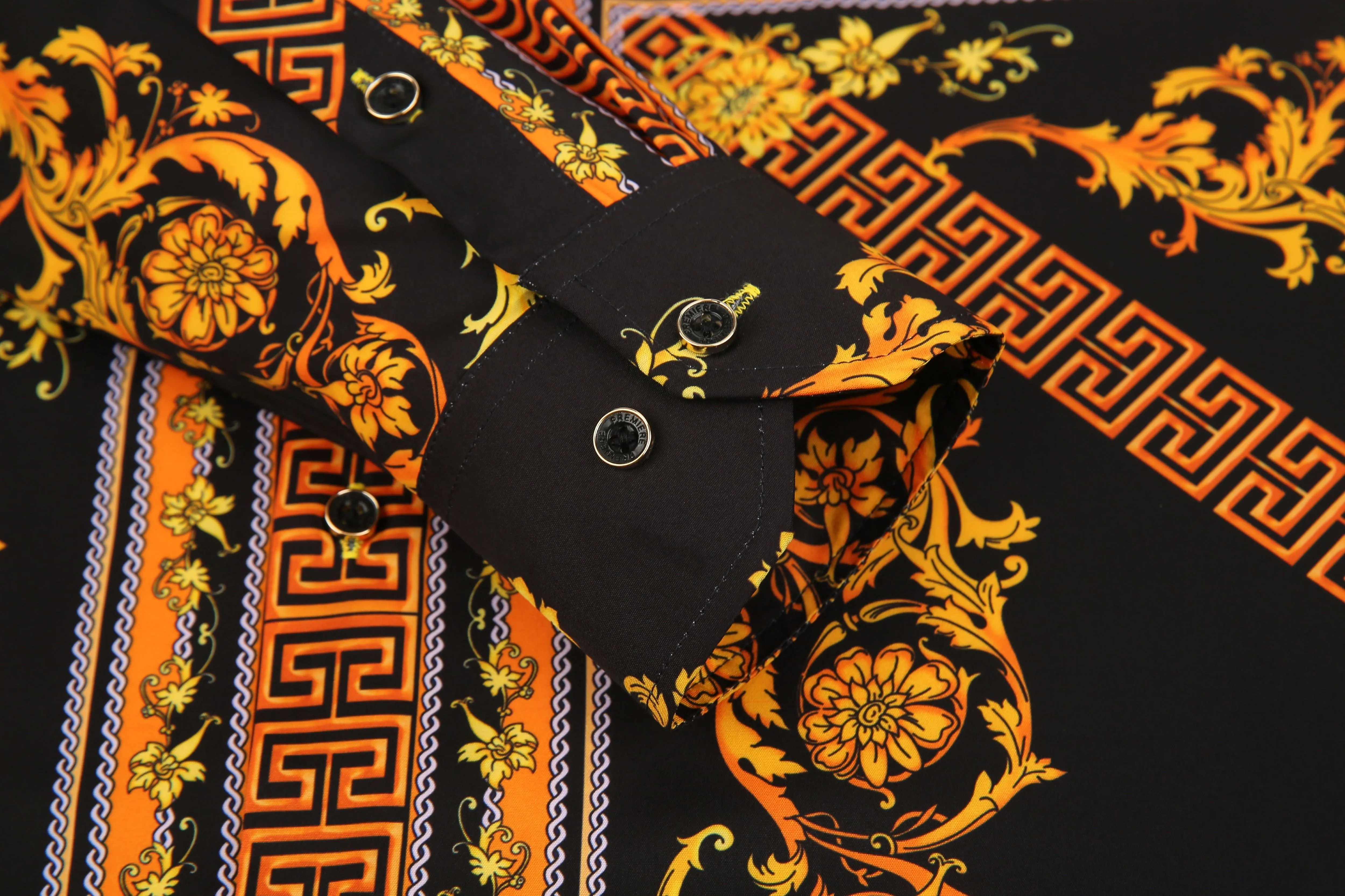 Men's PREMIERE Black Gold Cross Floral Tribal Long Sleeve Button Down Dress Shirt