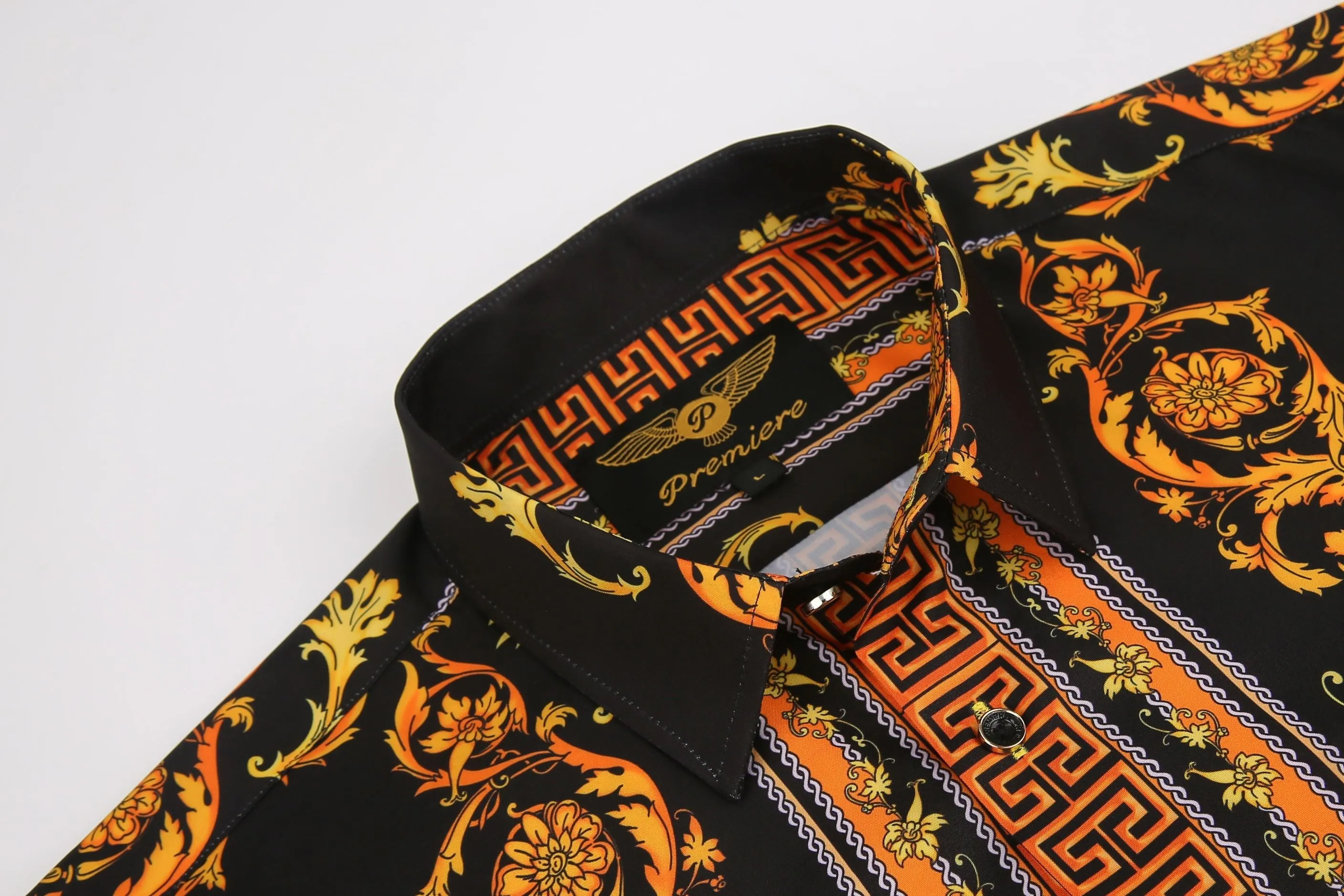 Men's PREMIERE Black Gold Cross Floral Tribal Long Sleeve Button Down Dress Shirt