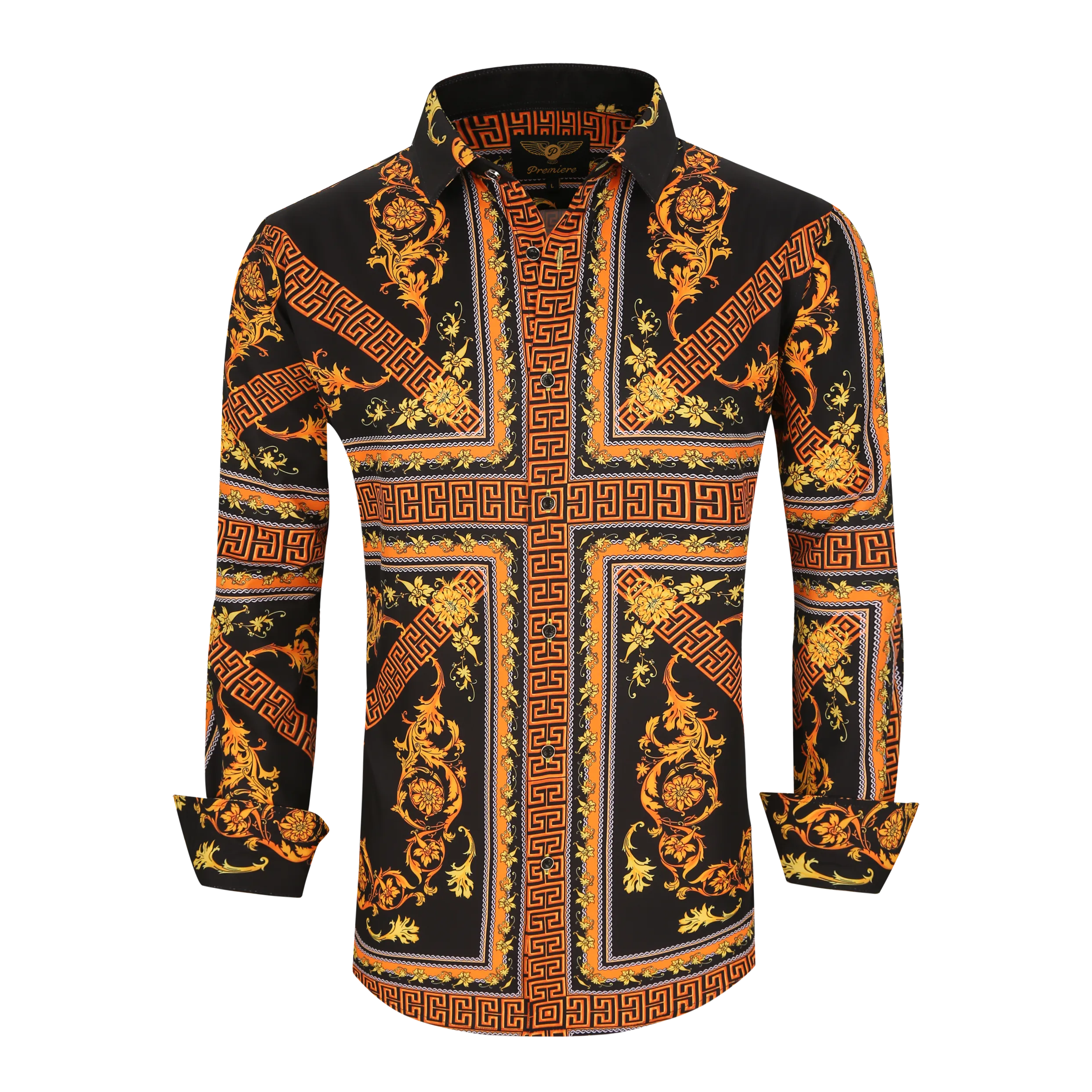 Men's PREMIERE Black Gold Cross Floral Tribal Long Sleeve Button Down Dress Shirt