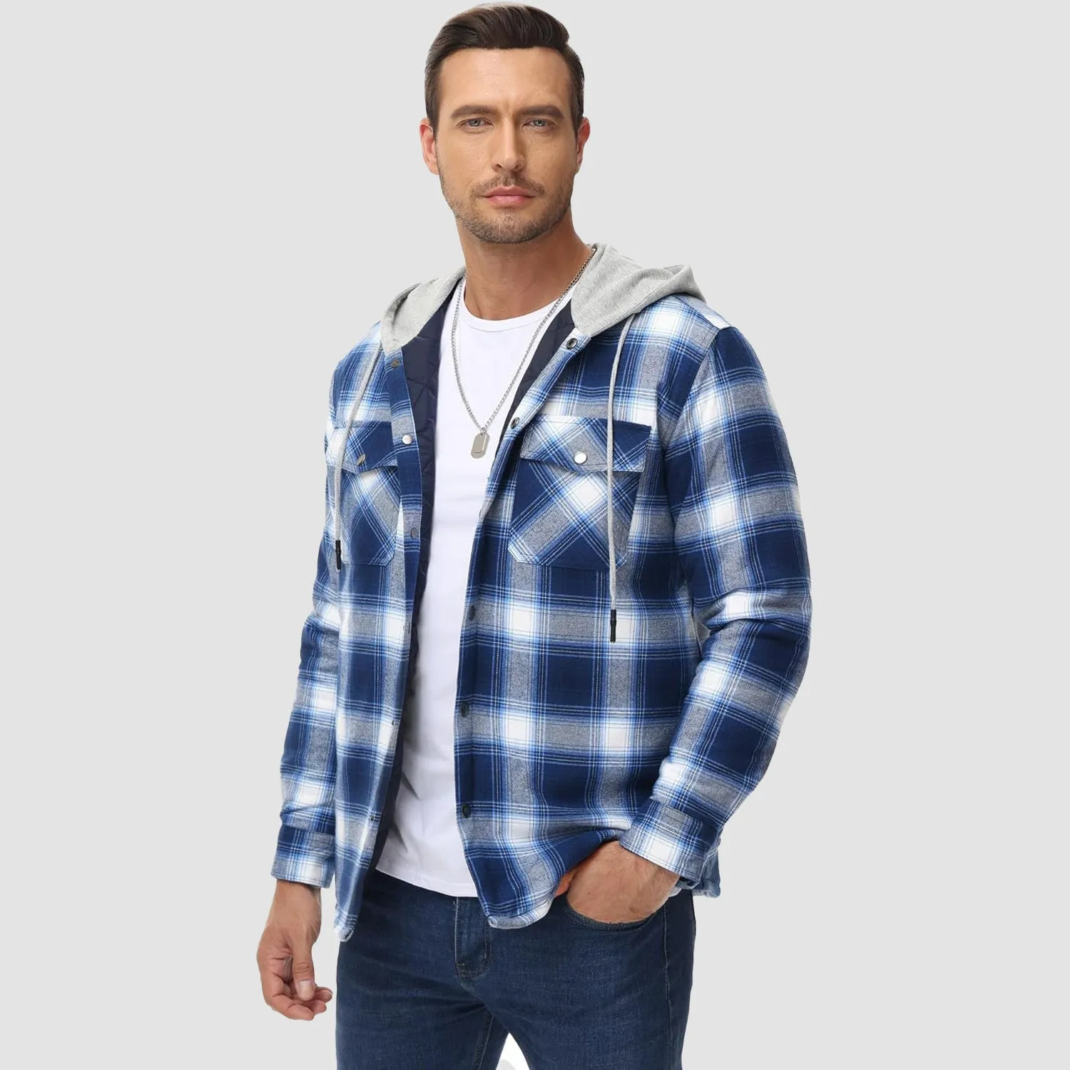 Men's Quilted Flannel Jacket with Hood - Warm Cotton Button Down for Cold Weather Casual Style