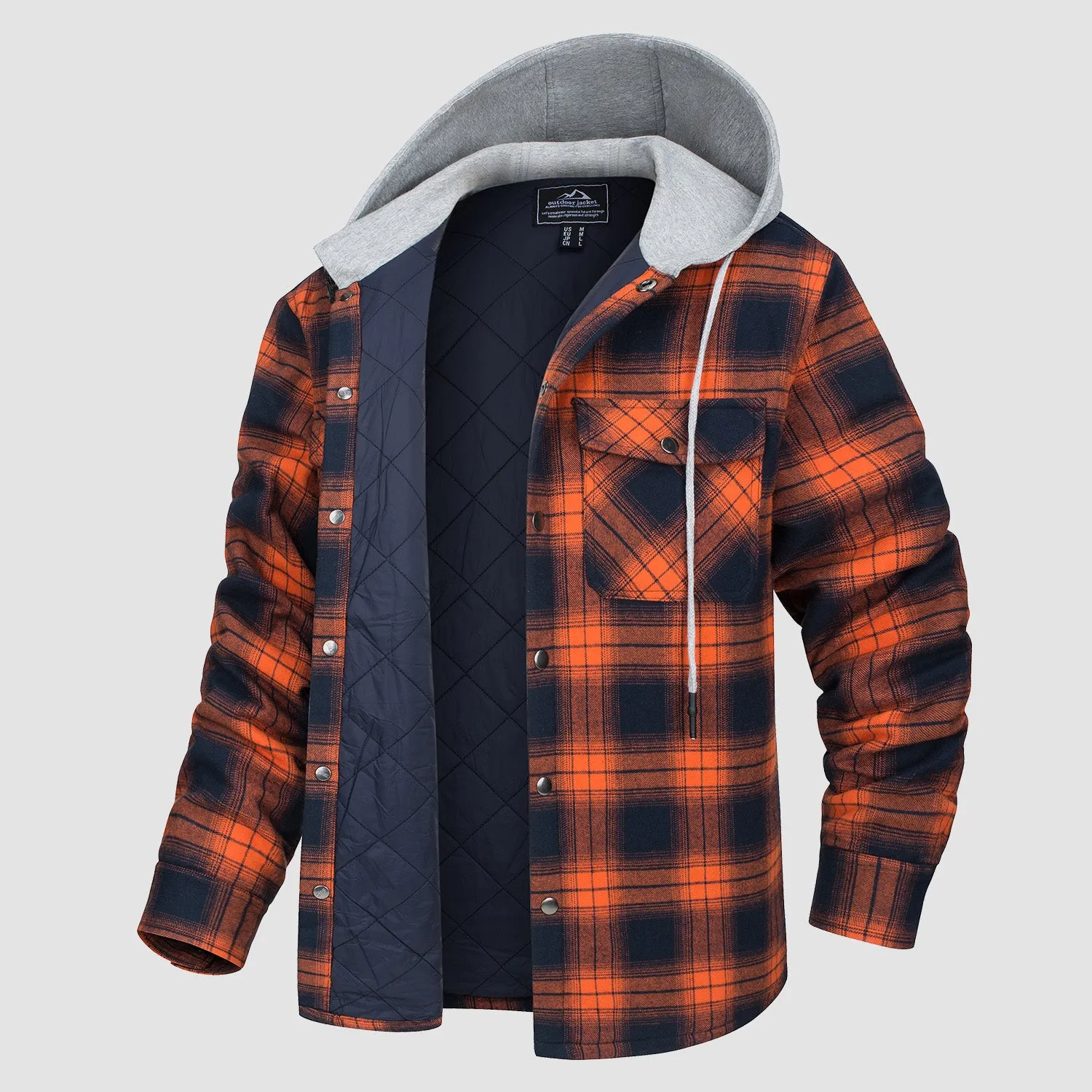 Men's Quilted Flannel Jacket with Hood - Warm Cotton Button Down for Cold Weather Casual Style