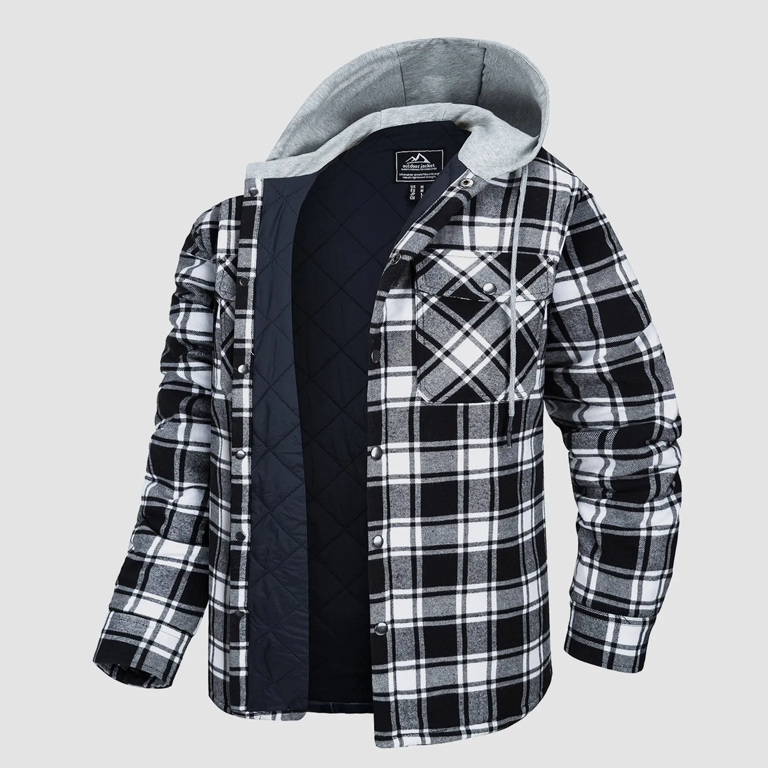 Men's Quilted Flannel Jacket with Hood - Warm Cotton Button Down for Cold Weather Casual Style