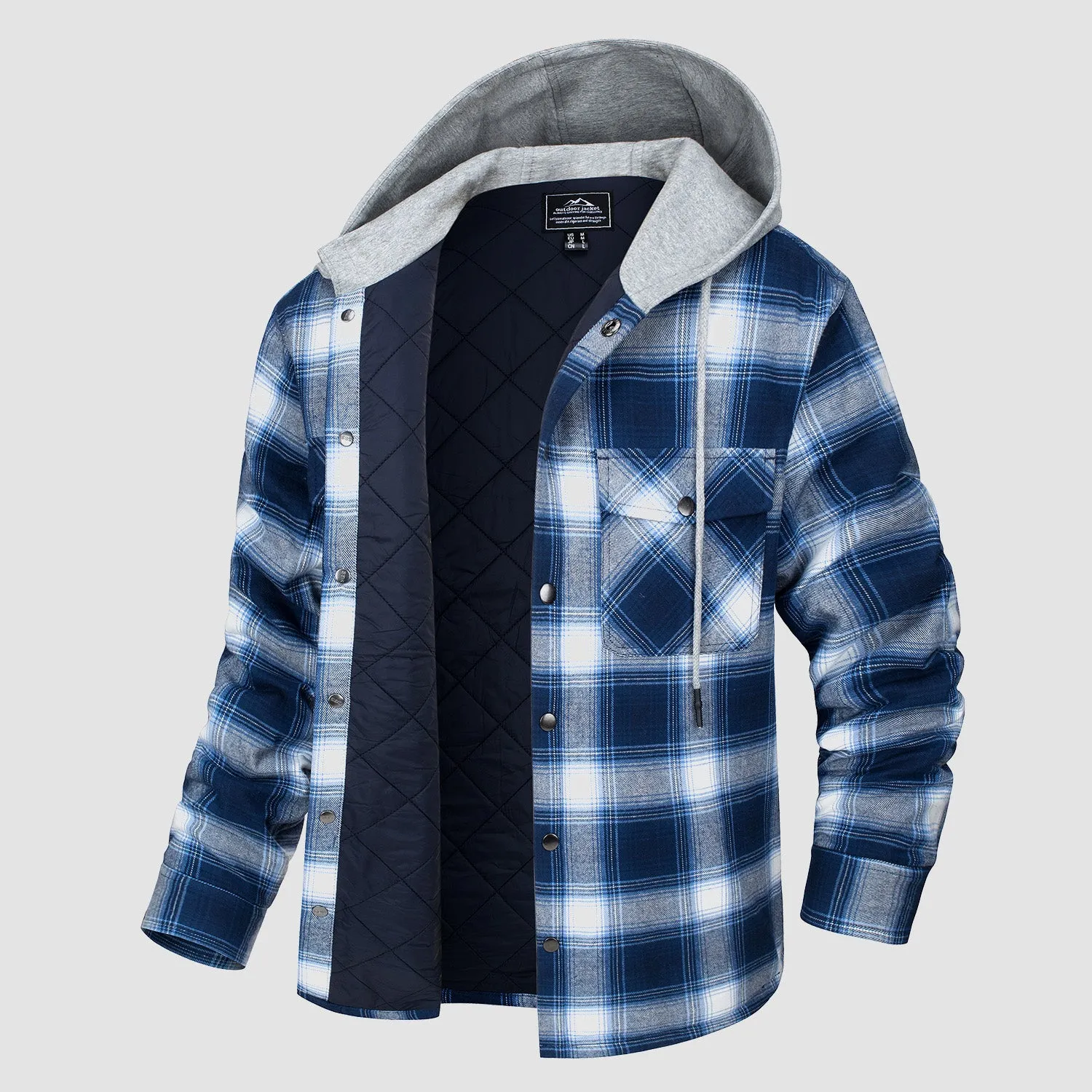 Men's Quilted Flannel Jacket with Hood - Warm Cotton Button Down for Cold Weather Casual Style