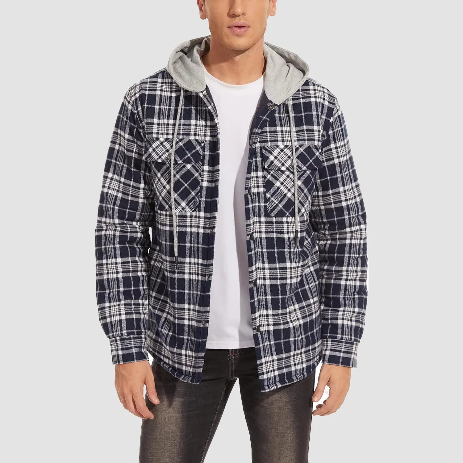 Men's Quilted Flannel Jacket with Hood - Warm Cotton Button Down for Cold Weather Casual Style