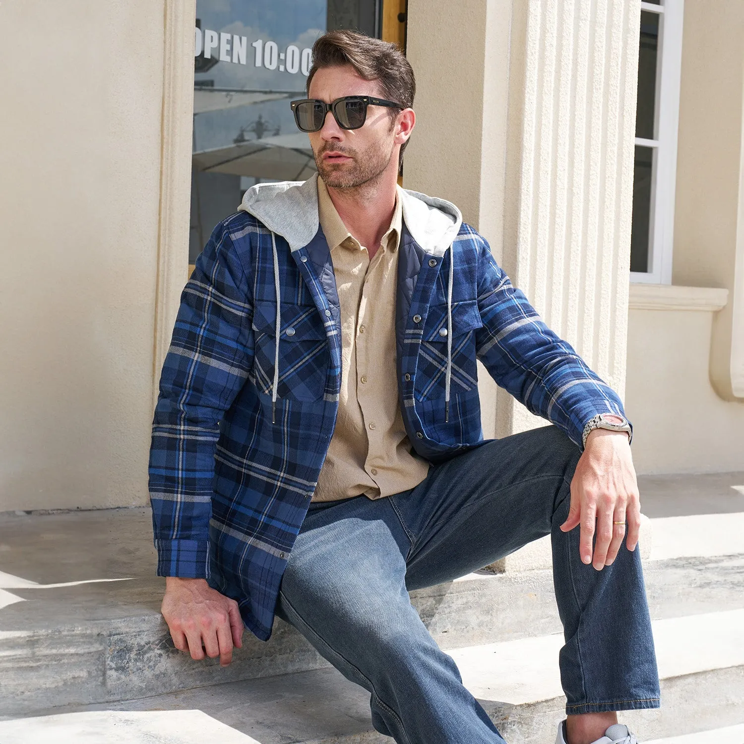 Men's Quilted Flannel Jacket with Hood - Warm Cotton Button Down for Cold Weather Casual Style