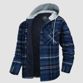 Men's Quilted Flannel Jacket with Hood - Warm Cotton Button Down for Cold Weather Casual Style
