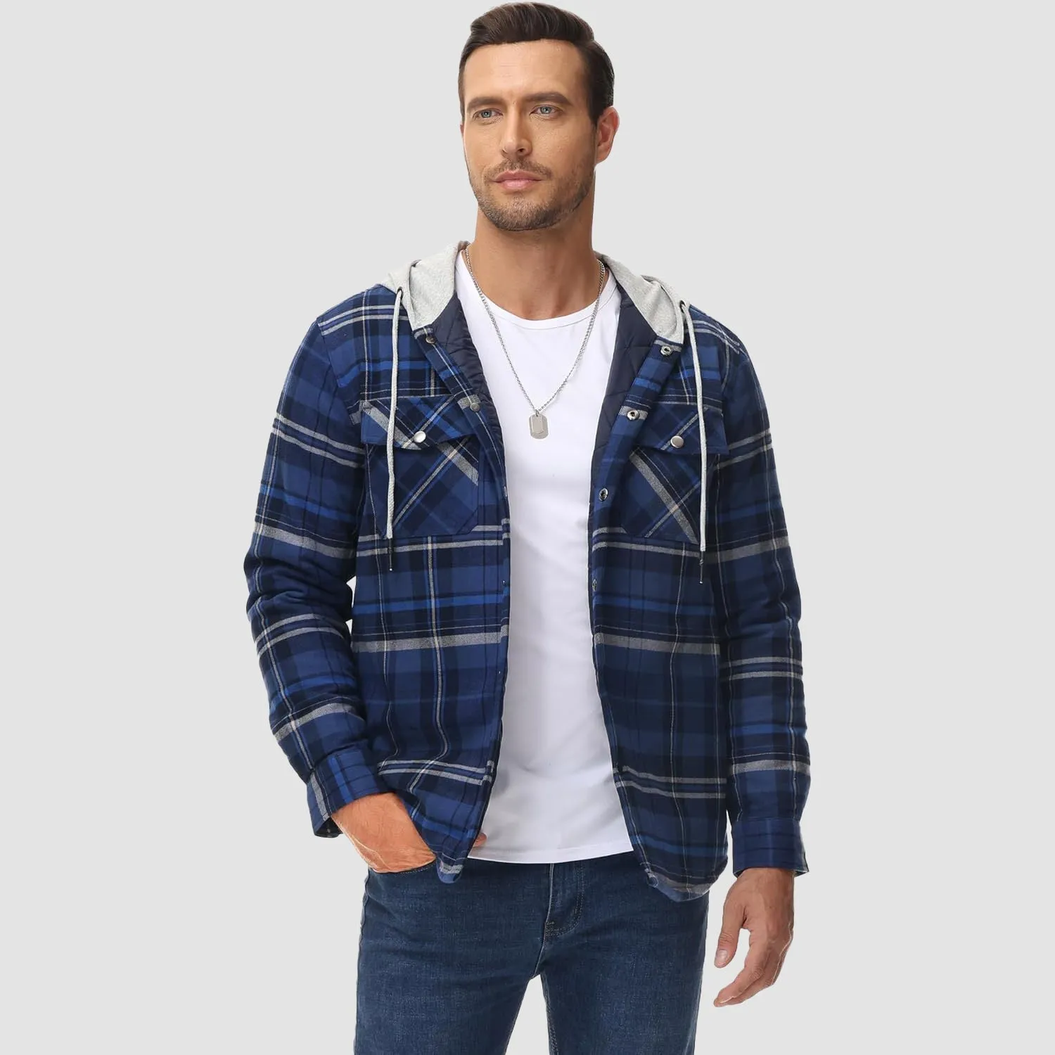 Men's Quilted Flannel Jacket with Hood - Warm Cotton Button Down for Cold Weather Casual Style