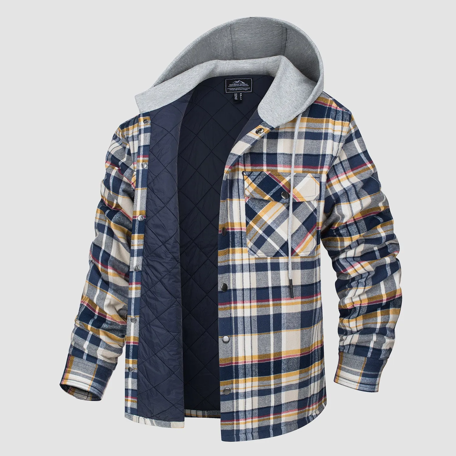 Men's Quilted Flannel Jacket with Hood - Warm Cotton Button Down for Cold Weather Casual Style