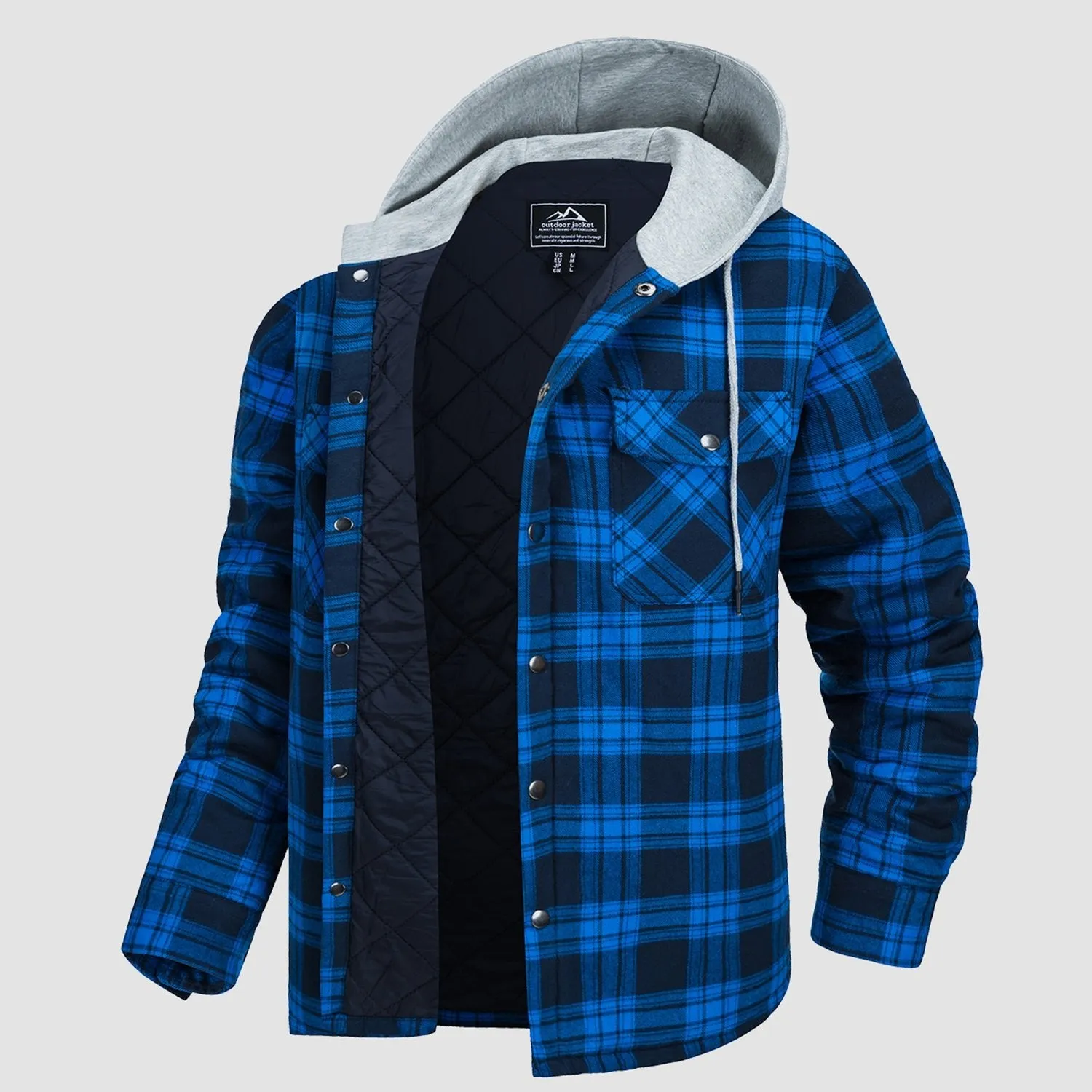 Men's Quilted Flannel Jacket with Hood - Warm Cotton Button Down for Cold Weather Casual Style