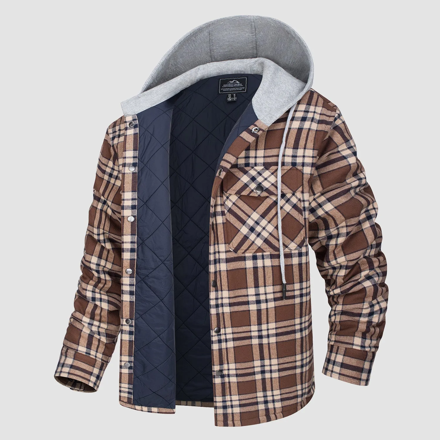 Men's Quilted Flannel Jacket with Hood - Warm Cotton Button Down for Cold Weather Casual Style