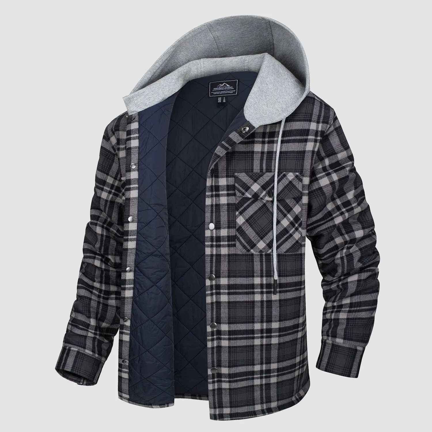 Men's Quilted Flannel Jacket with Hood - Warm Cotton Button Down for Cold Weather Casual Style