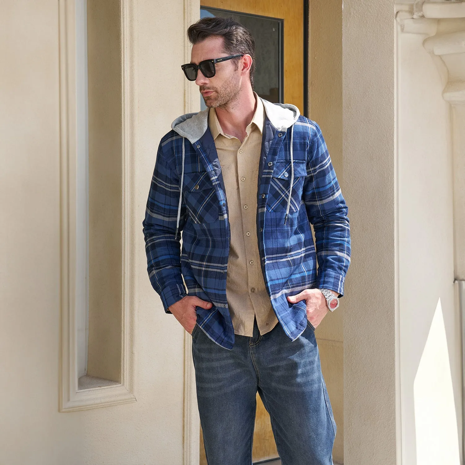 Men's Quilted Flannel Jacket with Hood - Warm Cotton Button Down for Cold Weather Casual Style