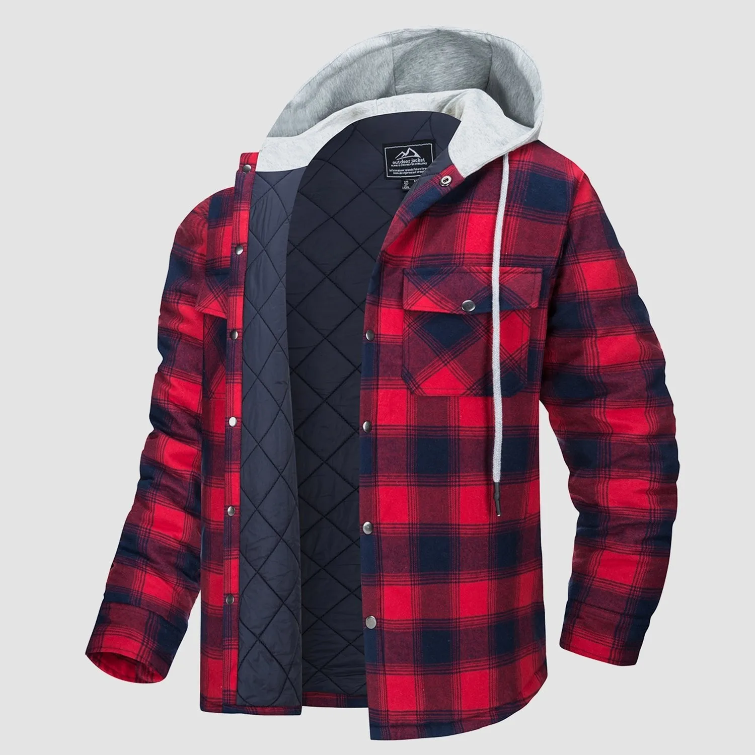 Men's Quilted Flannel Jacket with Hood - Warm Cotton Button Down for Cold Weather Casual Style