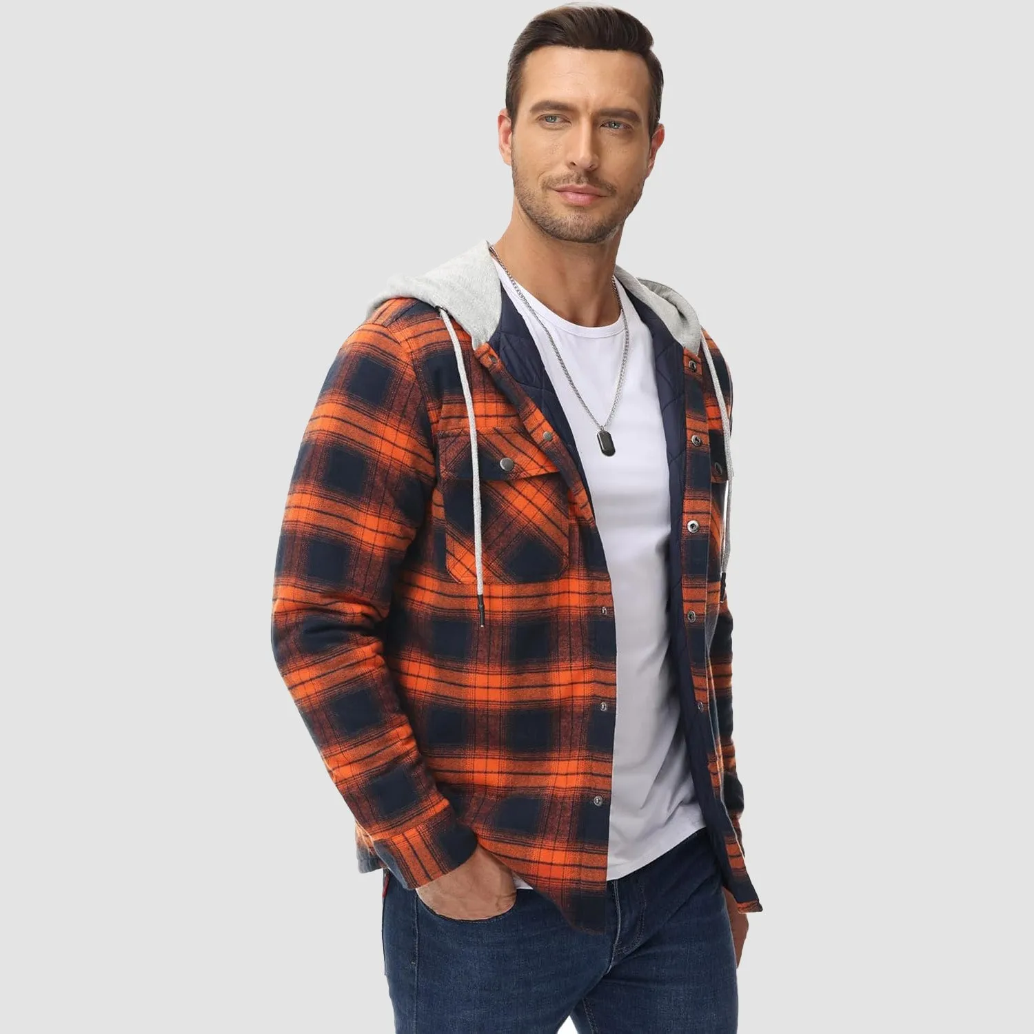 Men's Quilted Flannel Jacket with Hood - Warm Cotton Button Down for Cold Weather Casual Style