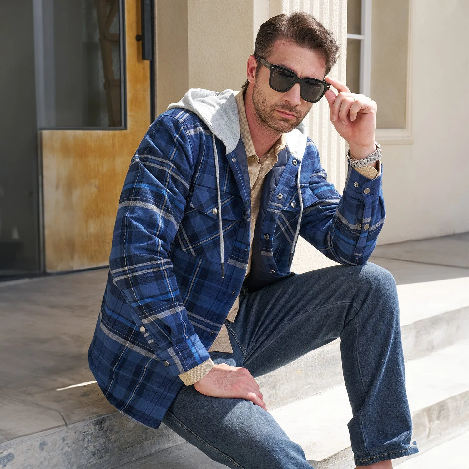 Men's Quilted Flannel Jacket with Hood - Warm Cotton Button Down for Cold Weather Casual Style