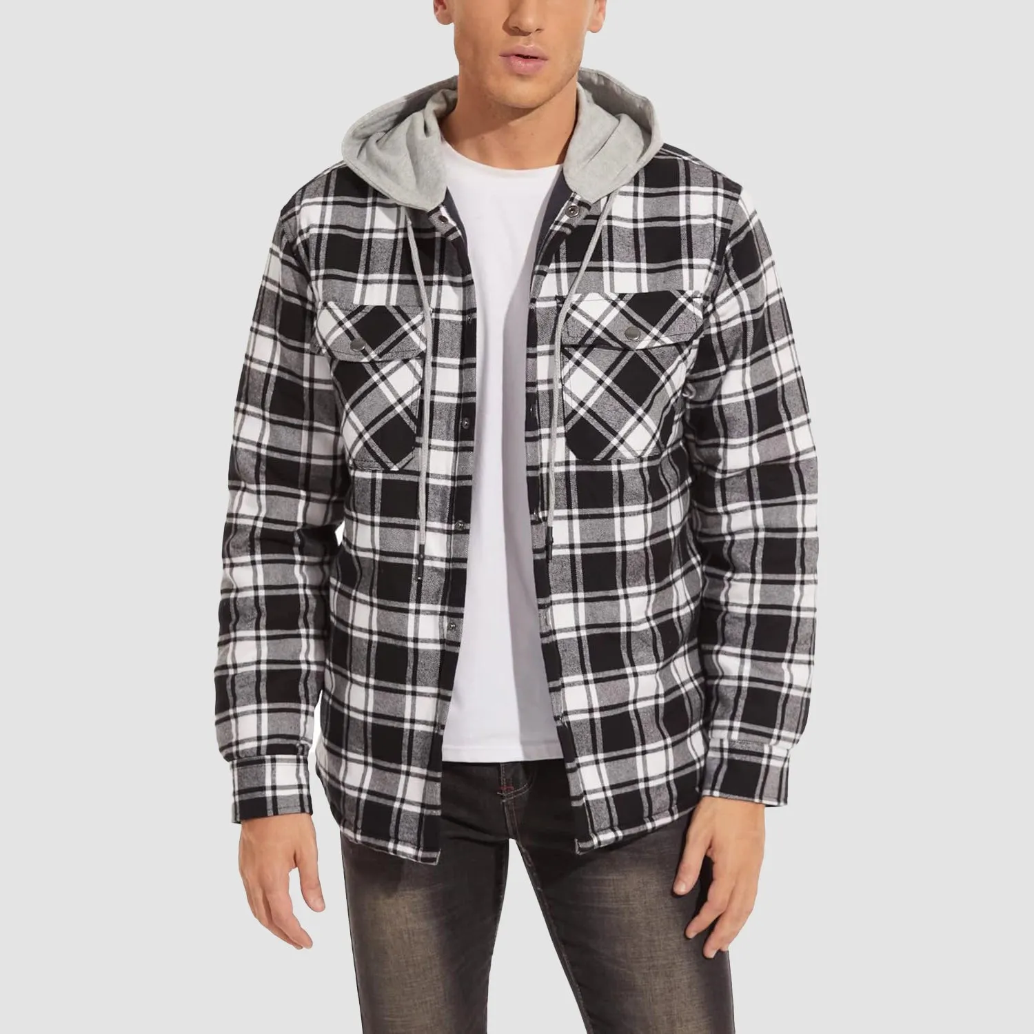 Men's Quilted Flannel Jacket with Hood - Warm Cotton Button Down for Cold Weather Casual Style