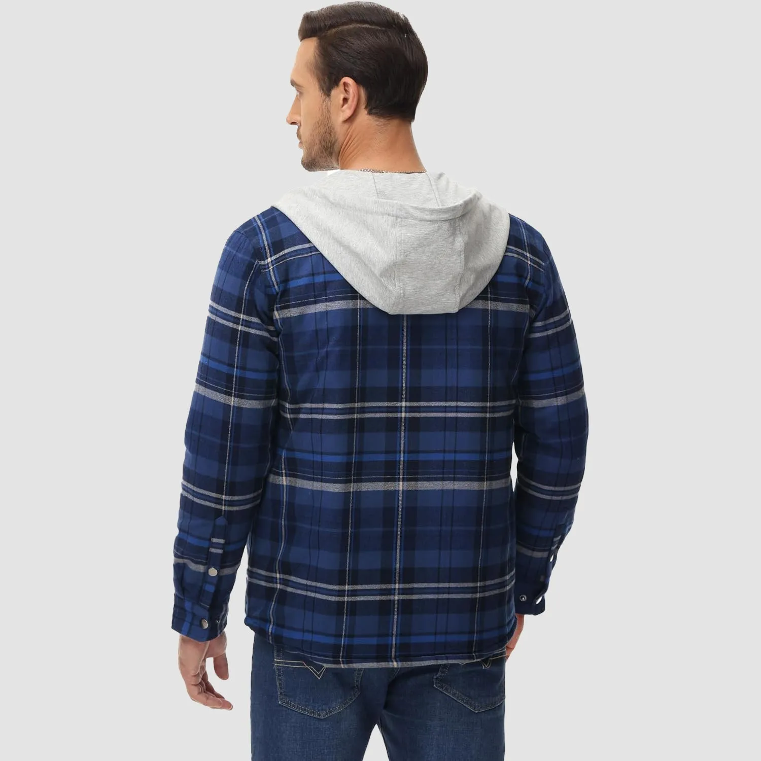 Men's Quilted Flannel Jacket with Hood - Warm Cotton Button Down for Cold Weather Casual Style