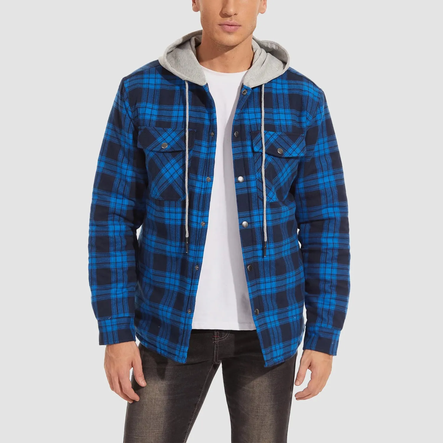 Men's Quilted Flannel Jacket with Hood - Warm Cotton Button Down for Cold Weather Casual Style