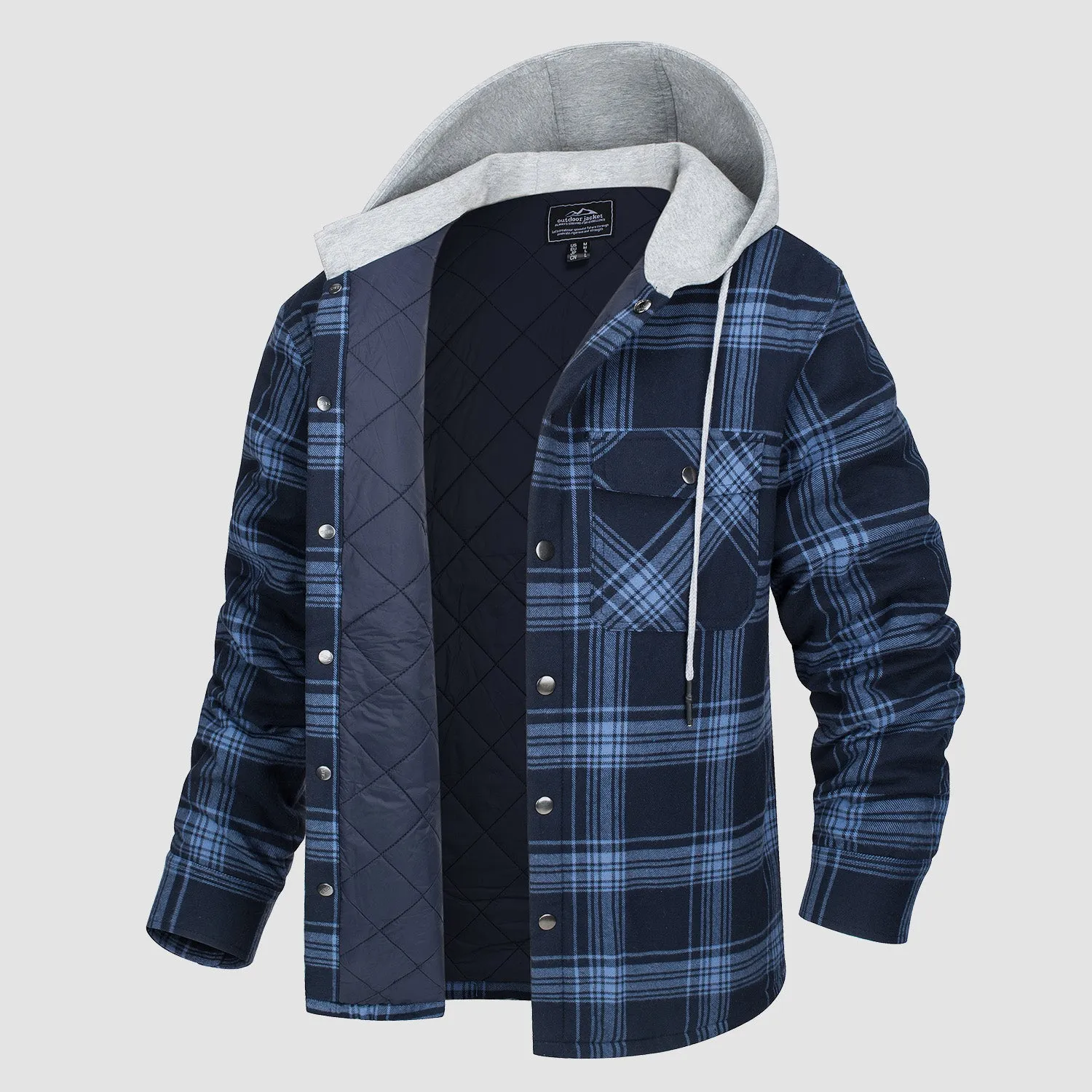 Men's Quilted Flannel Jacket with Hood - Warm Cotton Button Down for Cold Weather Casual Style