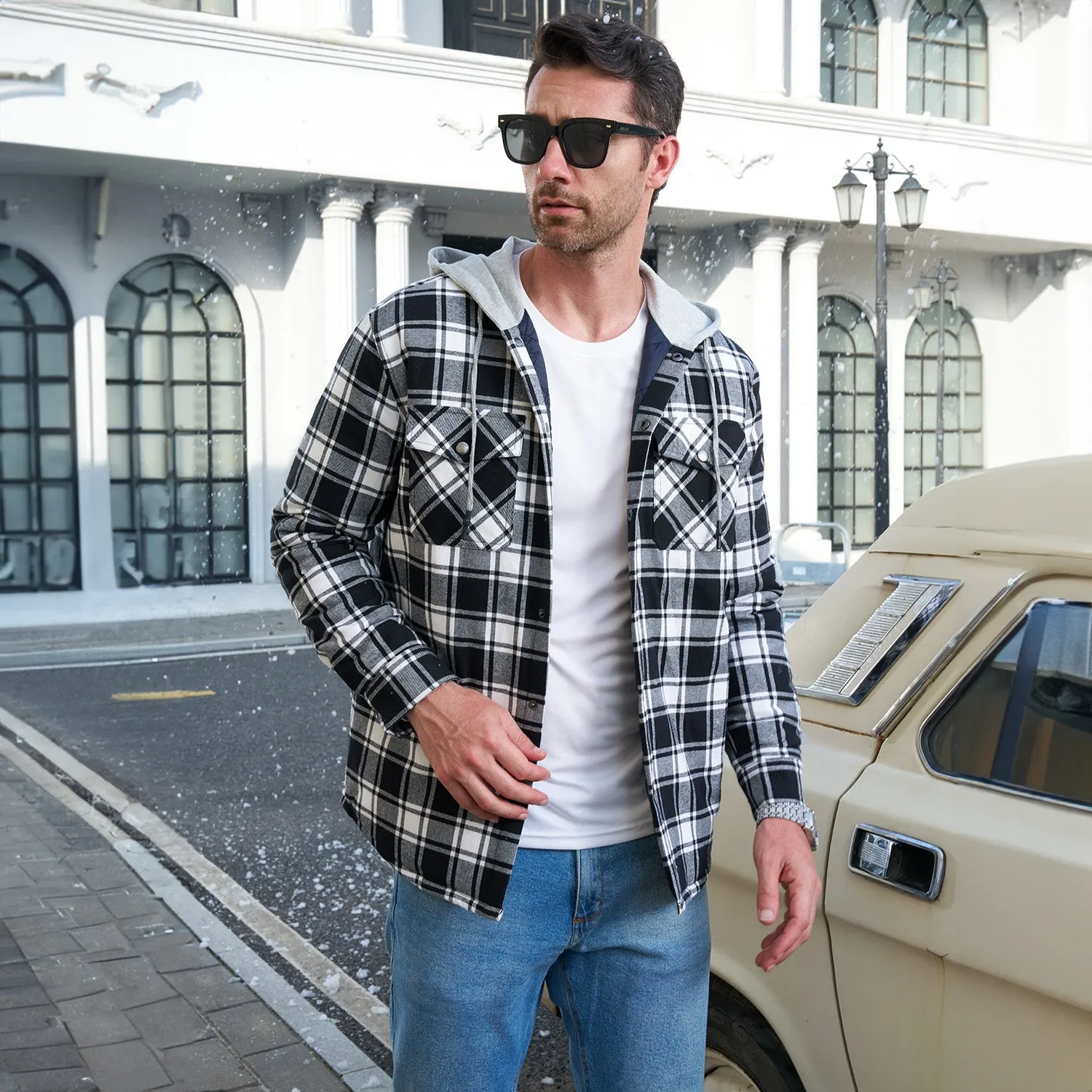 Men's Quilted Flannel Jacket with Hood - Warm Cotton Button Down for Cold Weather Casual Style