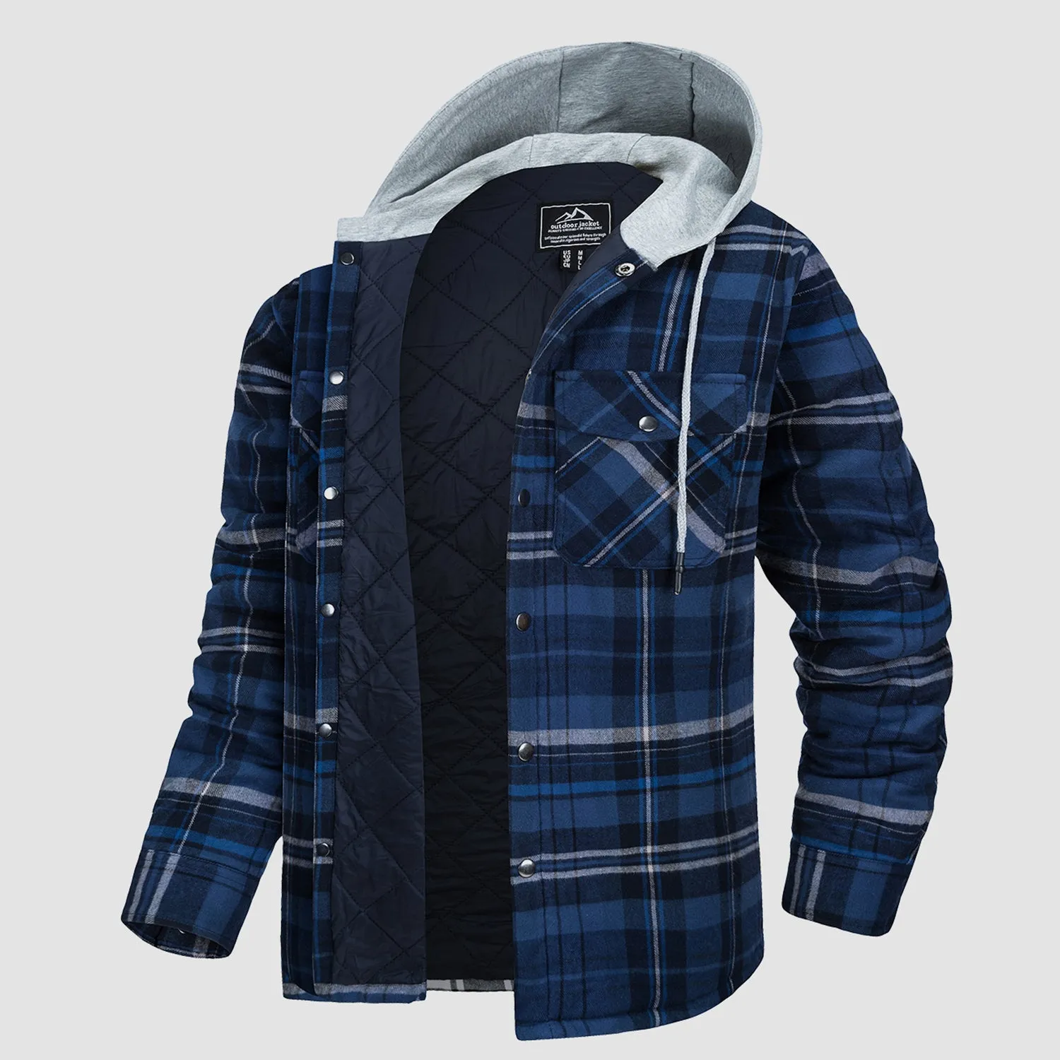 Men's Quilted Flannel Jacket with Hood - Warm Cotton Button Down for Cold Weather Casual Style