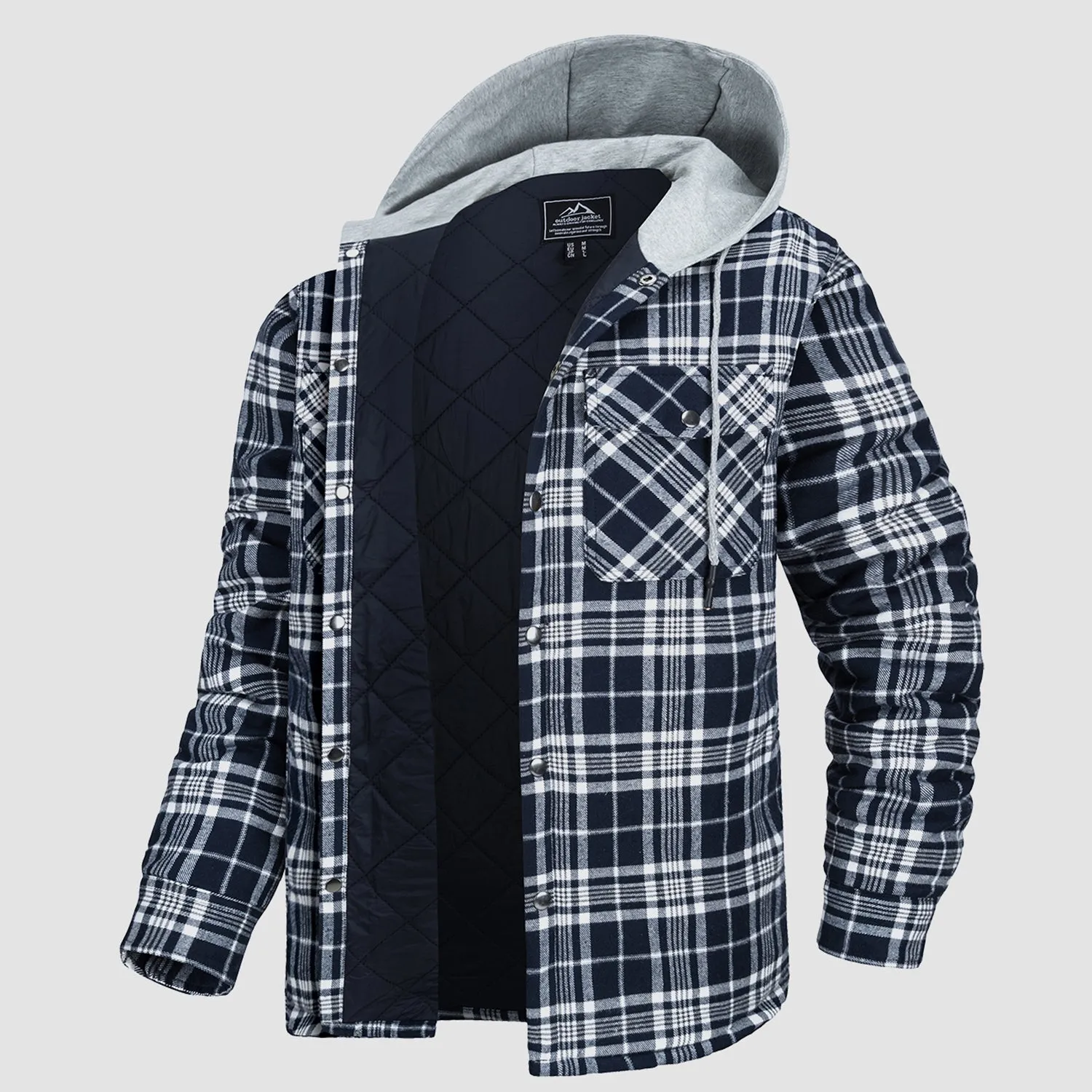 Men's Quilted Flannel Jacket with Hood - Warm Cotton Button Down for Cold Weather Casual Style