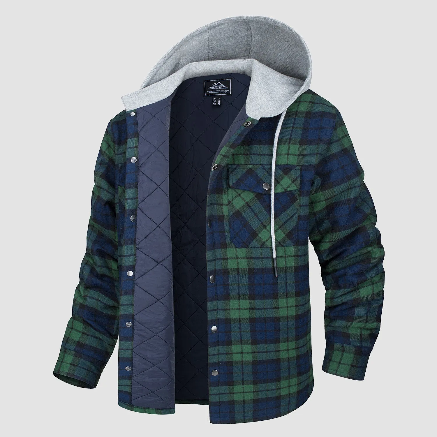 Men's Quilted Flannel Jacket with Hood - Warm Cotton Button Down for Cold Weather Casual Style