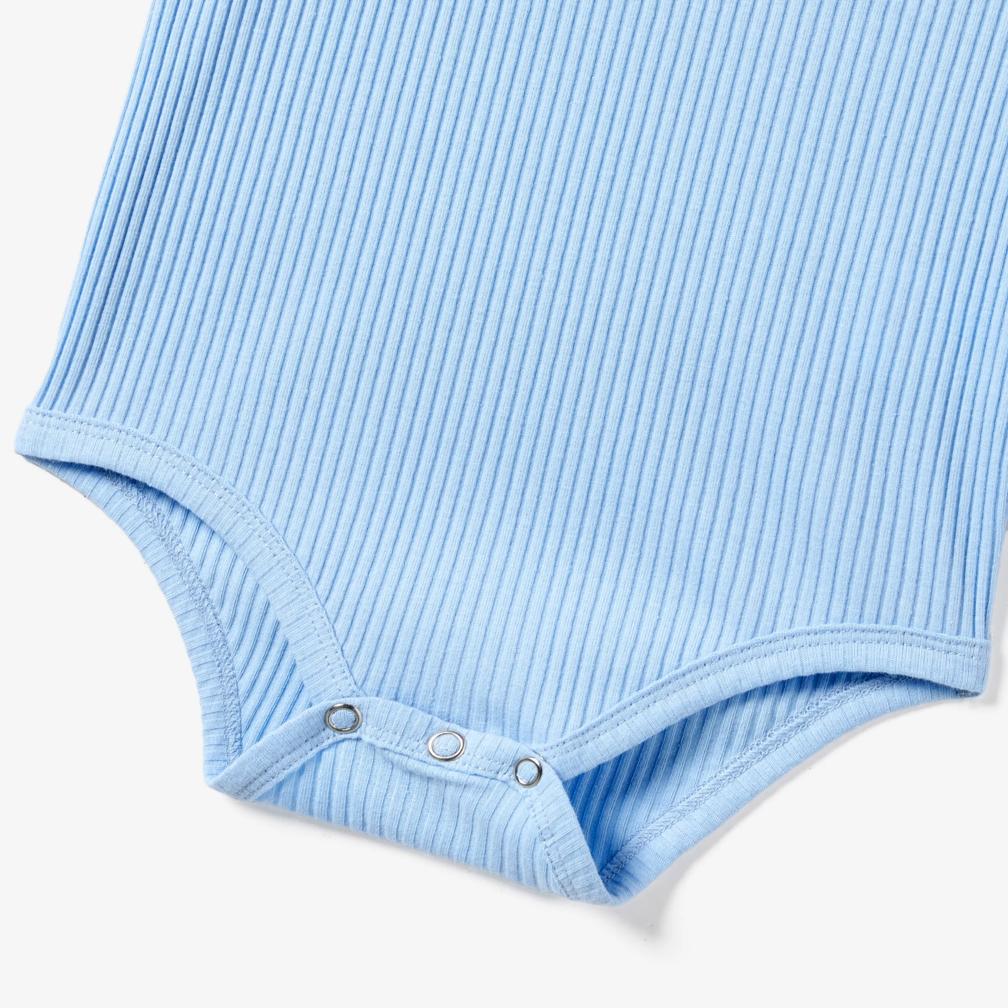 Mommy and Me Light Blue Knitted Ribbed Cotton Quarter-Button Sleeveless Bodycon Dresses
