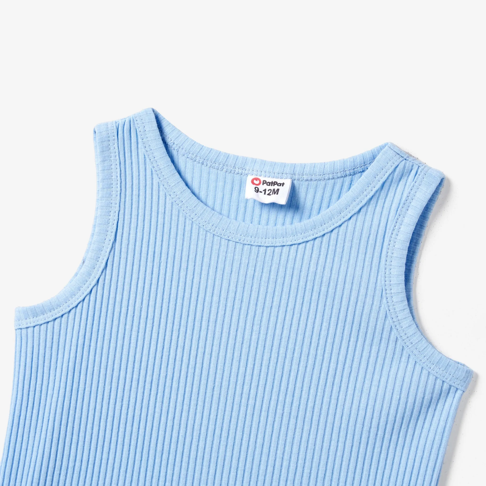Mommy and Me Light Blue Knitted Ribbed Cotton Quarter-Button Sleeveless Bodycon Dresses