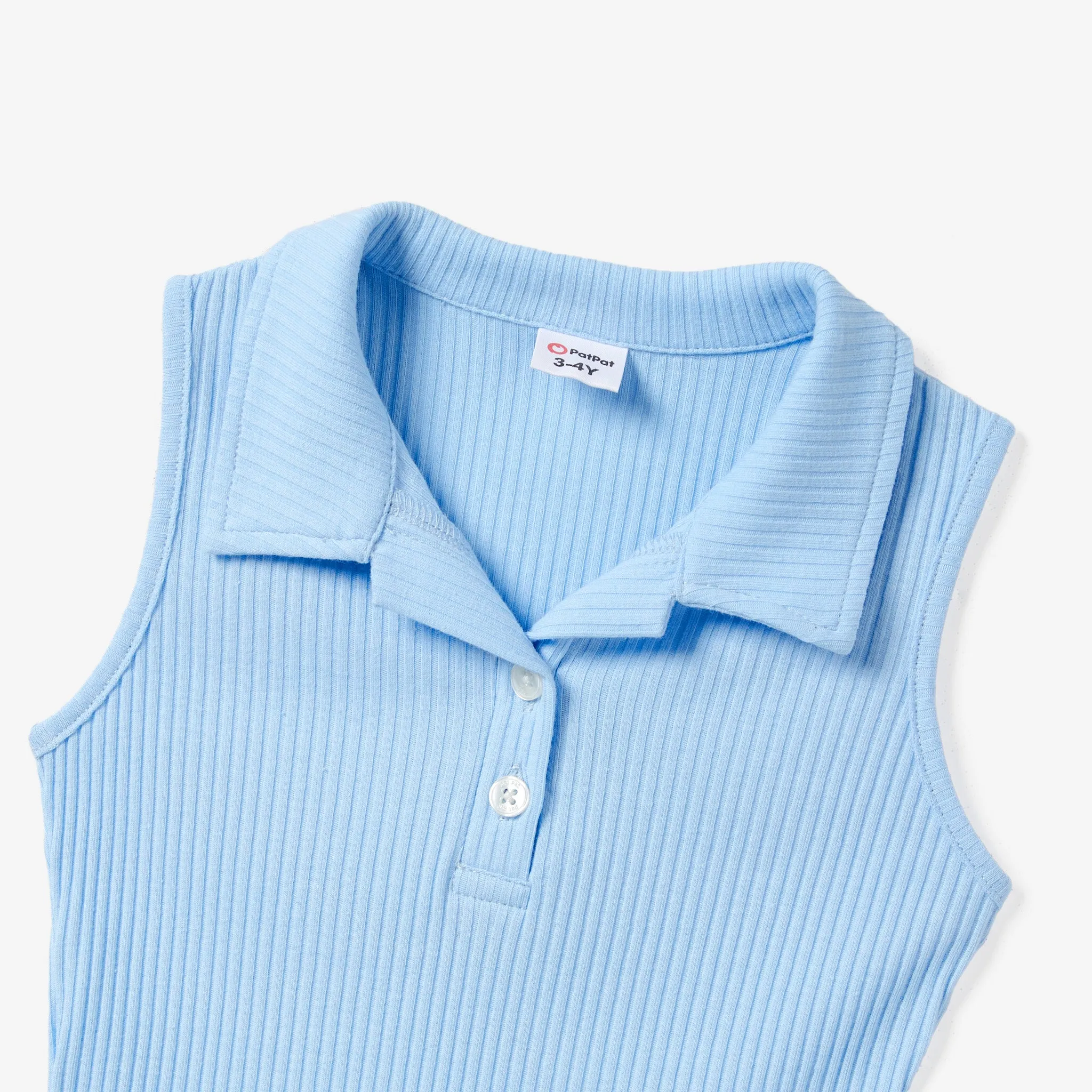 Mommy and Me Light Blue Knitted Ribbed Cotton Quarter-Button Sleeveless Bodycon Dresses