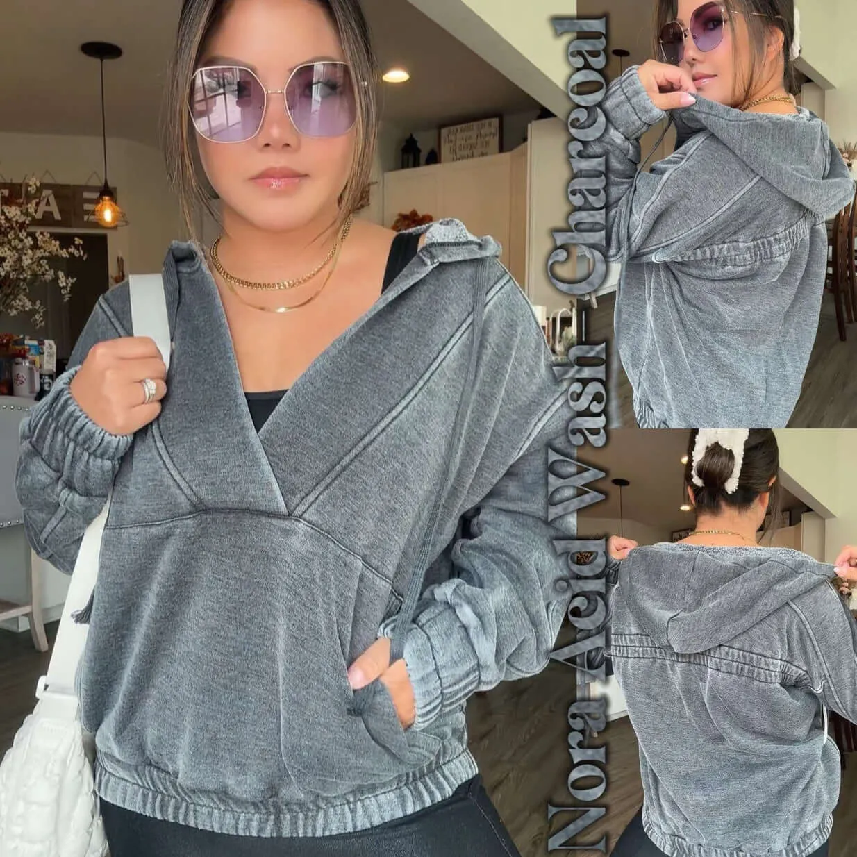 Nora Acid Wash V Neck Hoodie 4 COLORS!