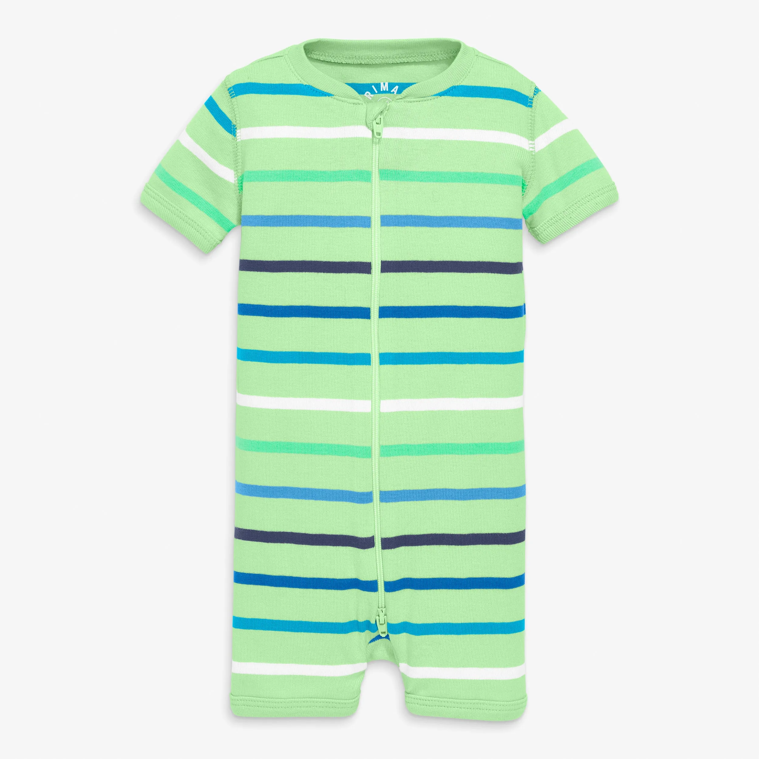 Organic short sleeve zip romper in cool breeze stripe
