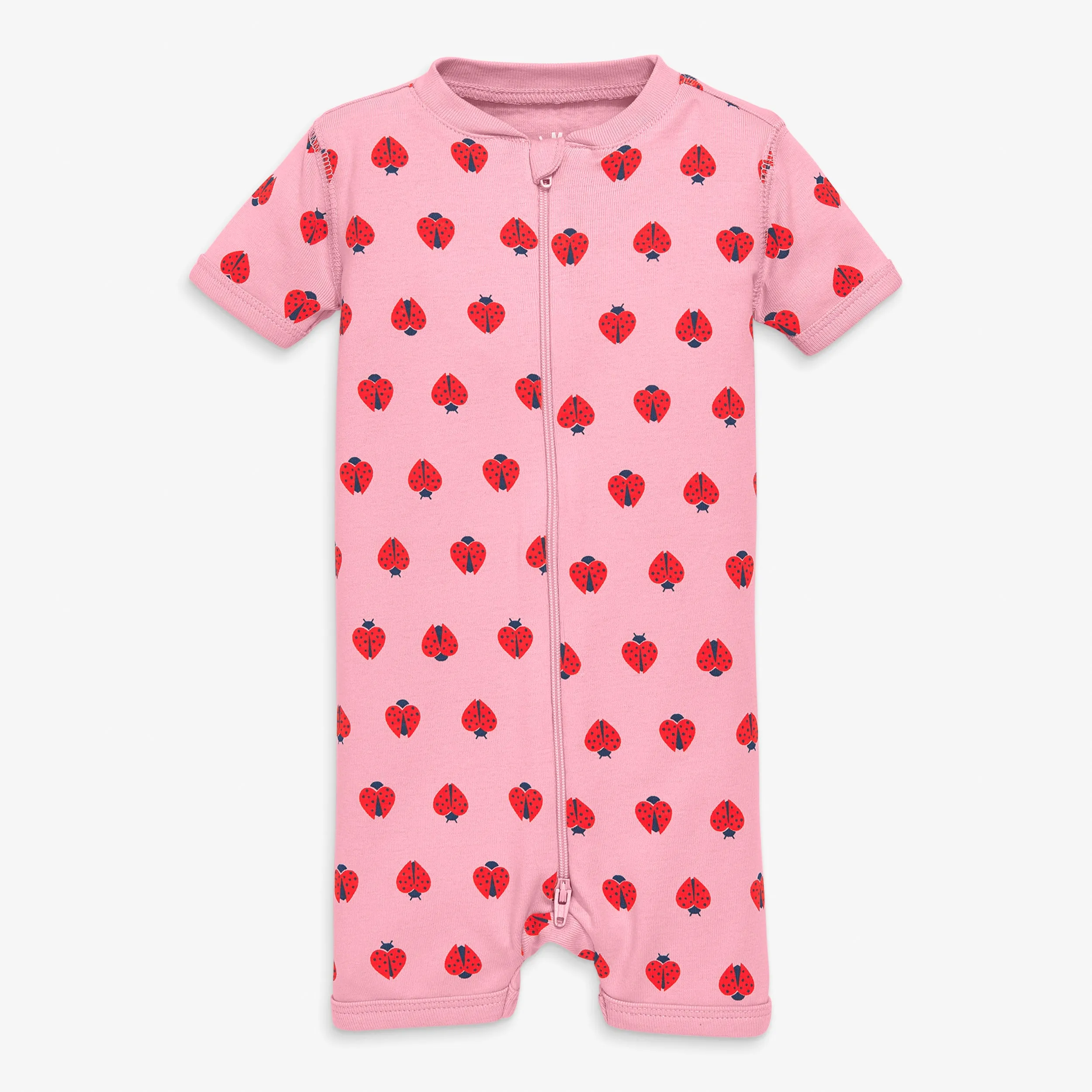 Organic short sleeve zip romper in ladybugs