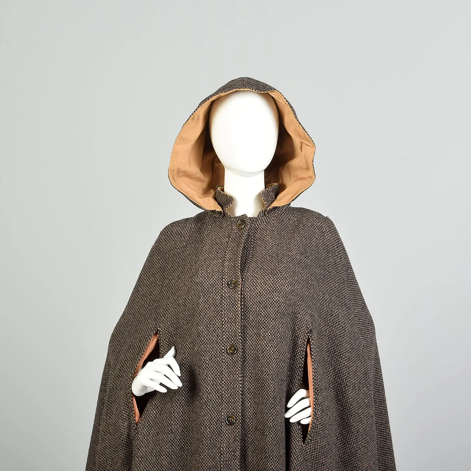 OSFM 1970s Cape Brown Hooded Tweed Wool Vintage Winter Outerwear