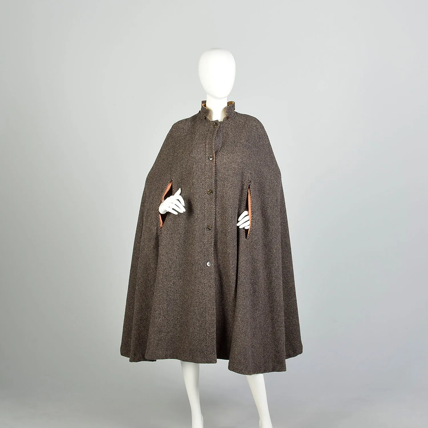 OSFM 1970s Cape Brown Hooded Tweed Wool Vintage Winter Outerwear