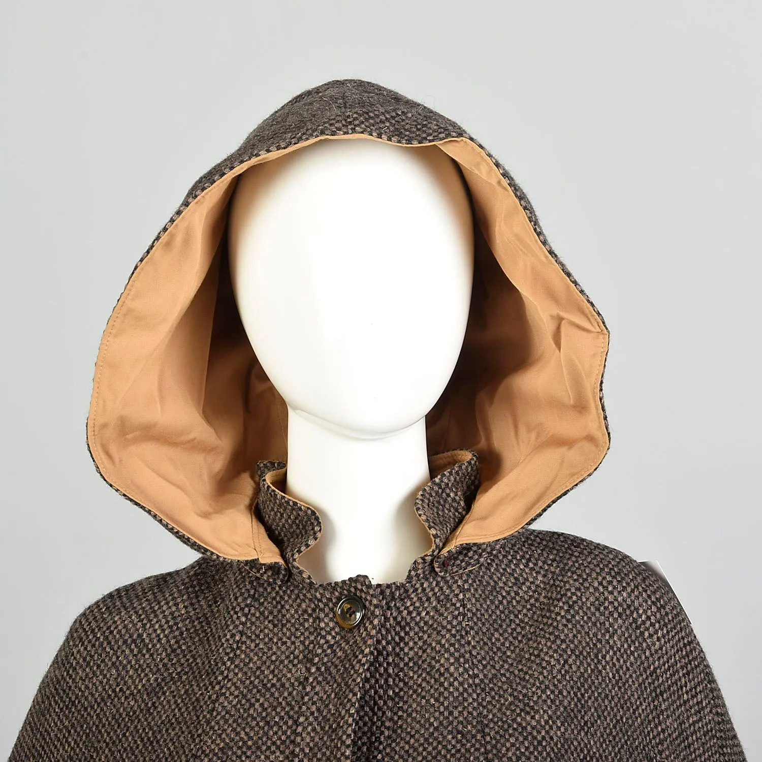 OSFM 1970s Cape Brown Hooded Tweed Wool Vintage Winter Outerwear