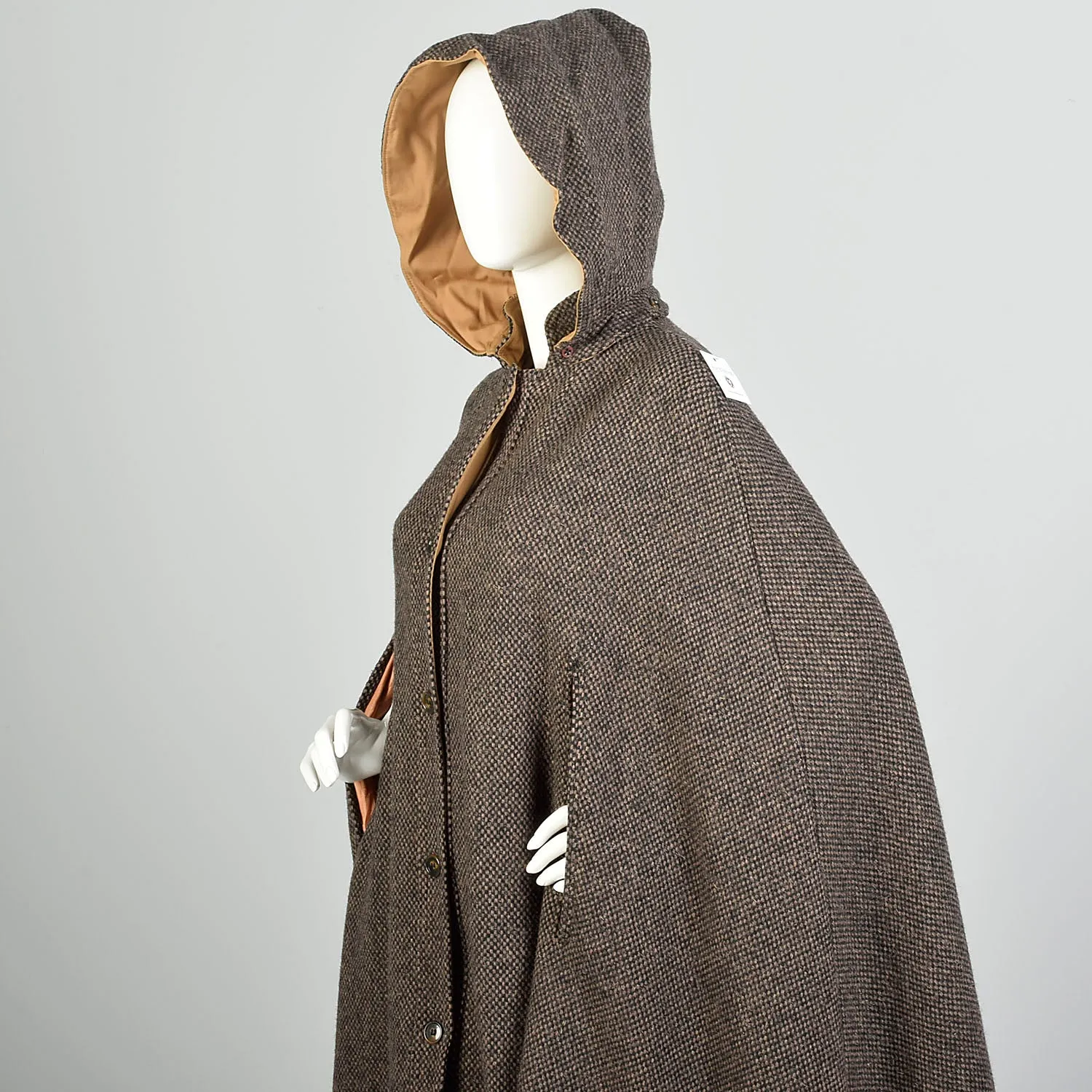 OSFM 1970s Cape Brown Hooded Tweed Wool Vintage Winter Outerwear