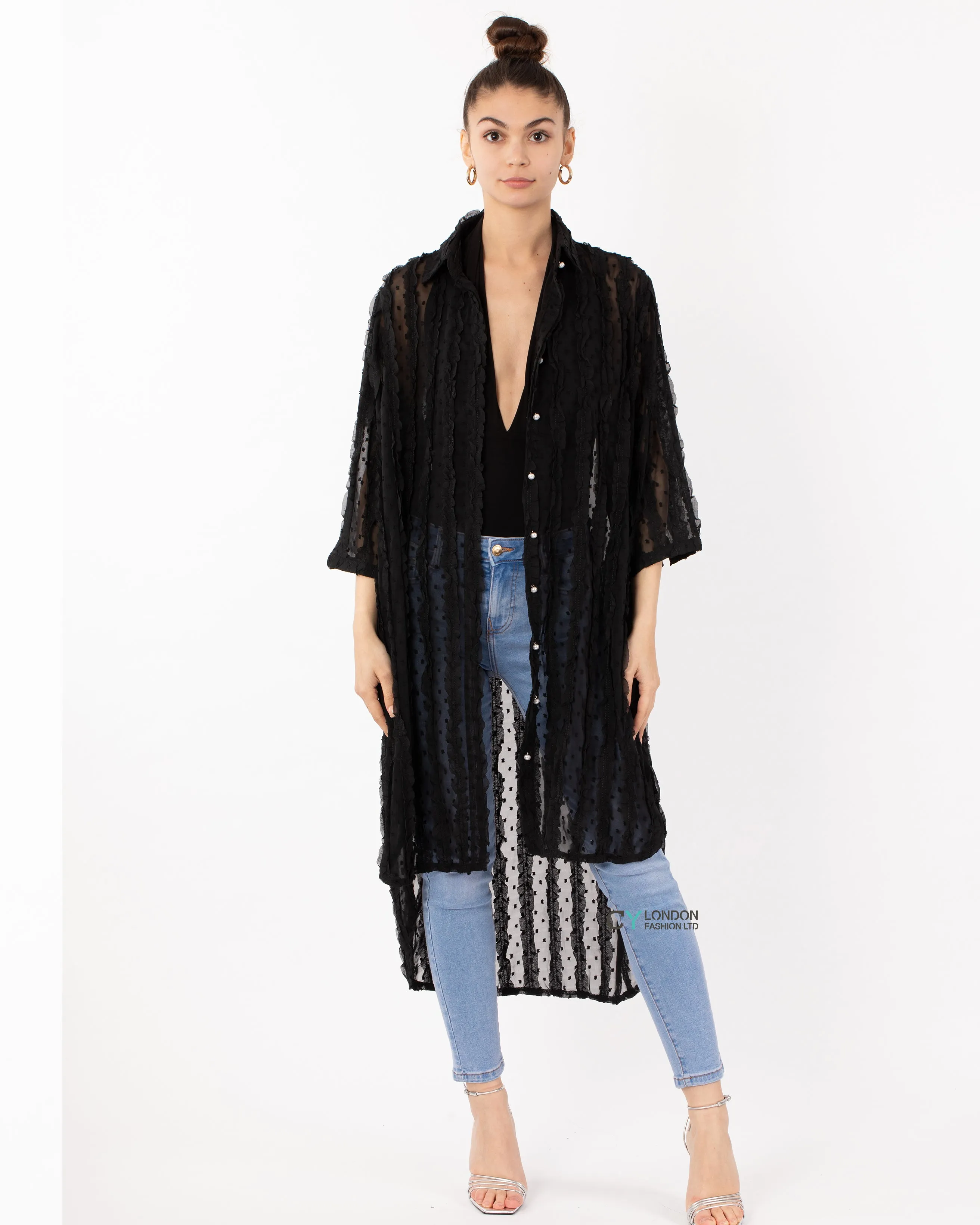 Oversized shirt dress in black with chiffon ruffle stripe design