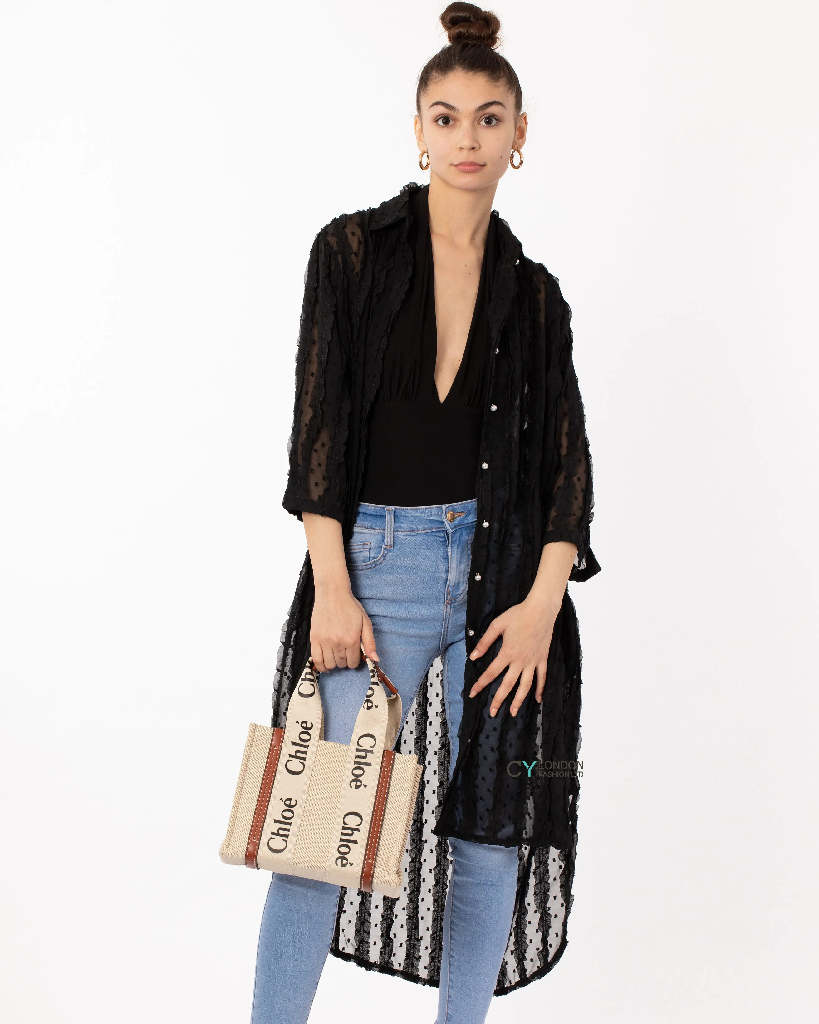 Oversized shirt dress in black with chiffon ruffle stripe design