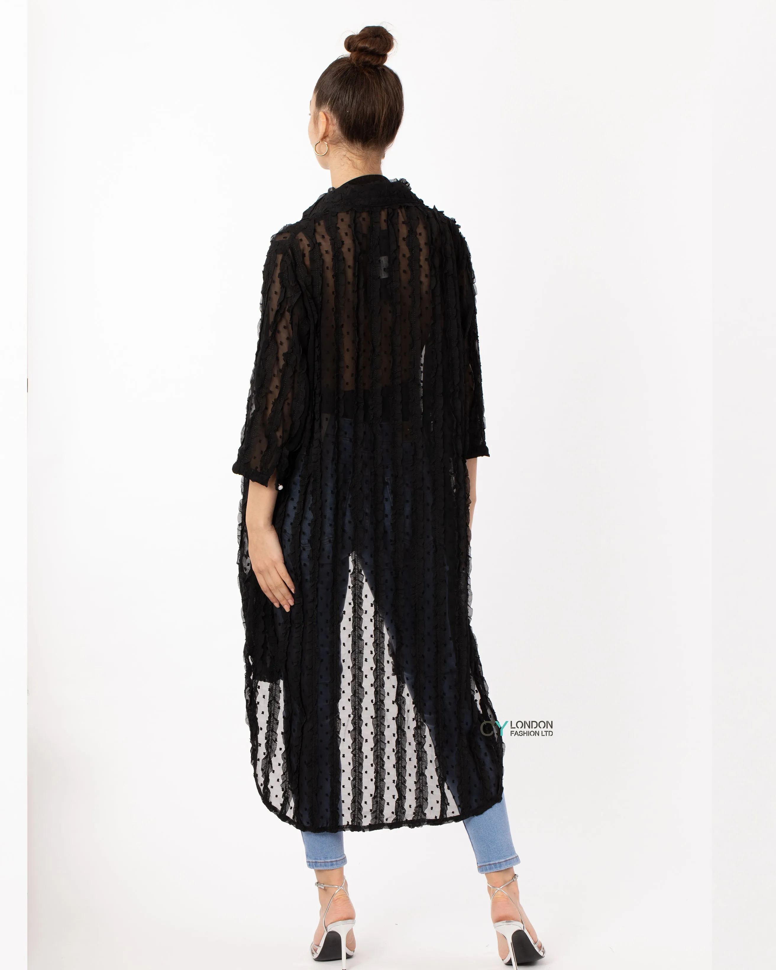 Oversized shirt dress in black with chiffon ruffle stripe design