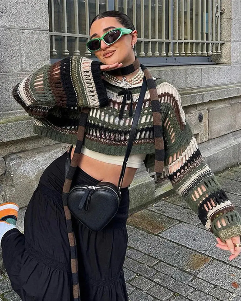 Patchwork Cozy Knitted Crop Top Sweater