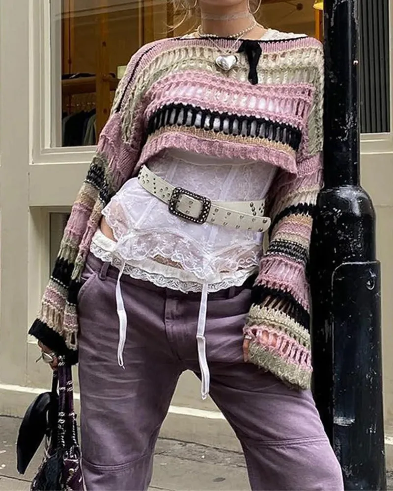 Patchwork Cozy Knitted Crop Top Sweater