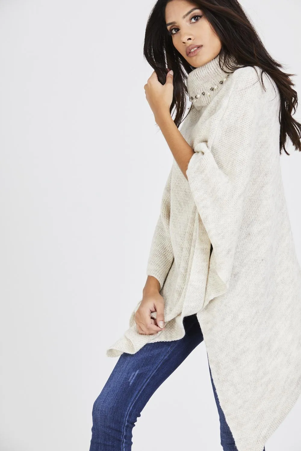 Pearl Embellished Collar Poncho