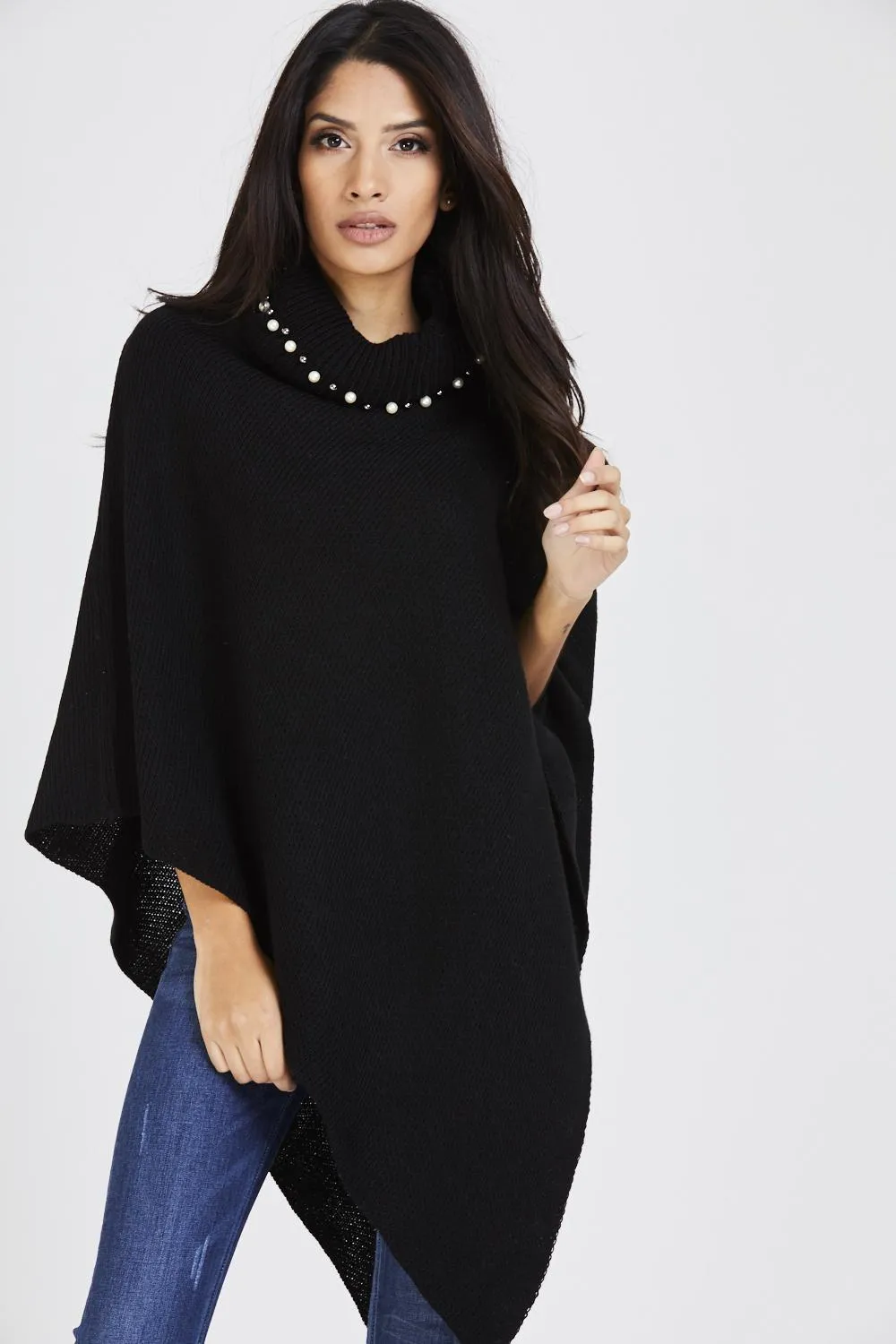 Pearl Embellished Collar Poncho