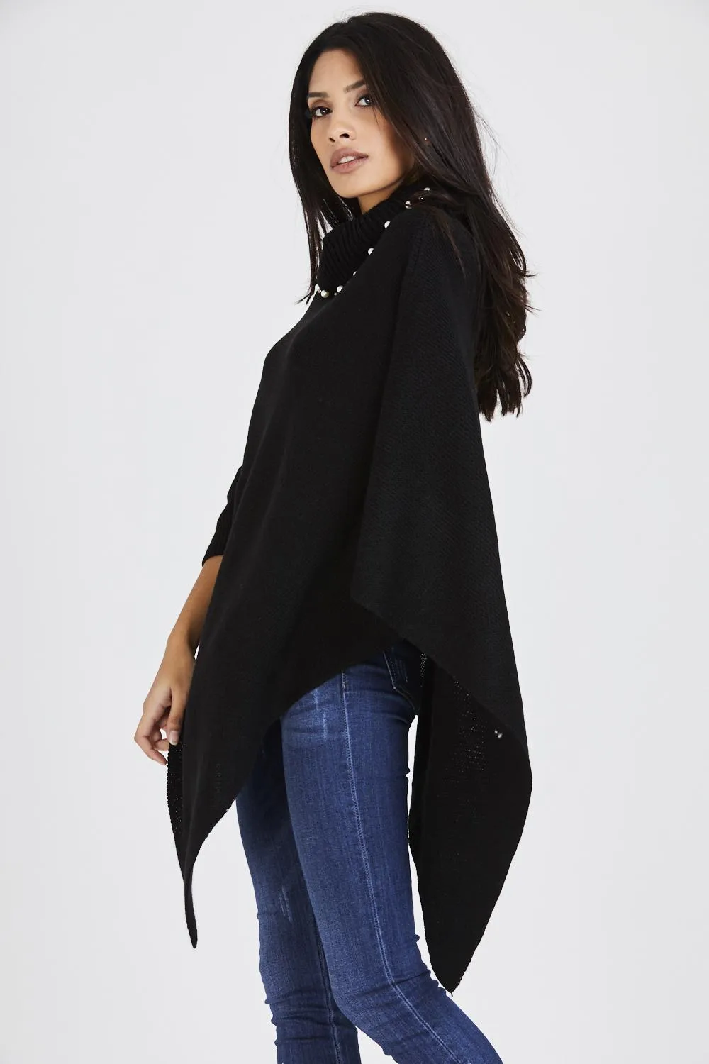 Pearl Embellished Collar Poncho